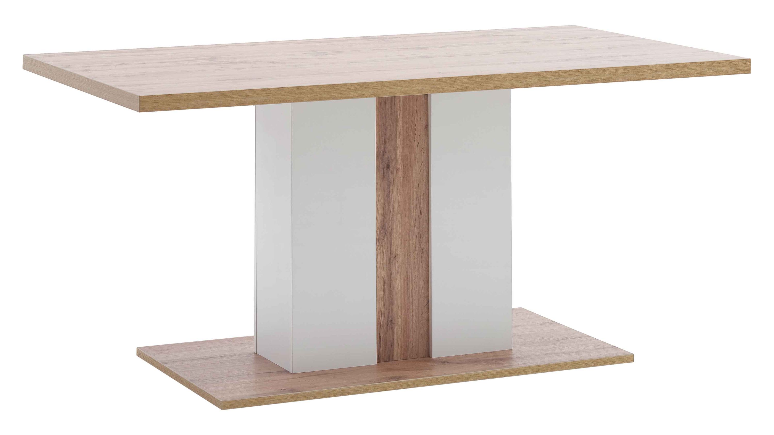 Esstisch mit rechteckiger Platte und Sockel in Holz und Weiß Rechteckiger Esstisch mit hellbrauner Tischplatte und Sockel weiße und holzfarbene Elemente