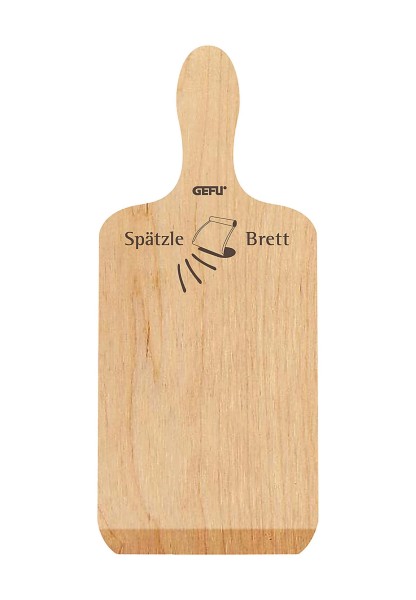 Von oben fotografiertes Holzbrett mit Griff, Aufschrift „Spätzle Brett“ und kleiner Reibe-Illustration
