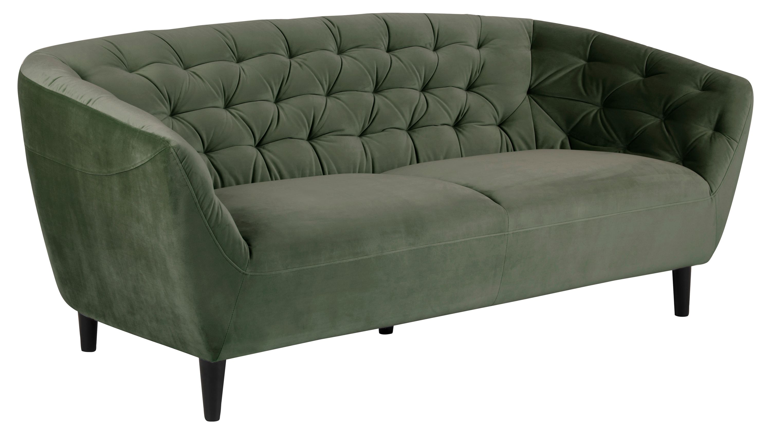 Dreisitzer-Sofa in waldgrünem Samt mit schwarzen Holzfüßen Dreisitzer-Sofa mit gewölbten Armlehnen und Rückenlehne in waldgrünem Samt mit schwarzen Holzfüßen