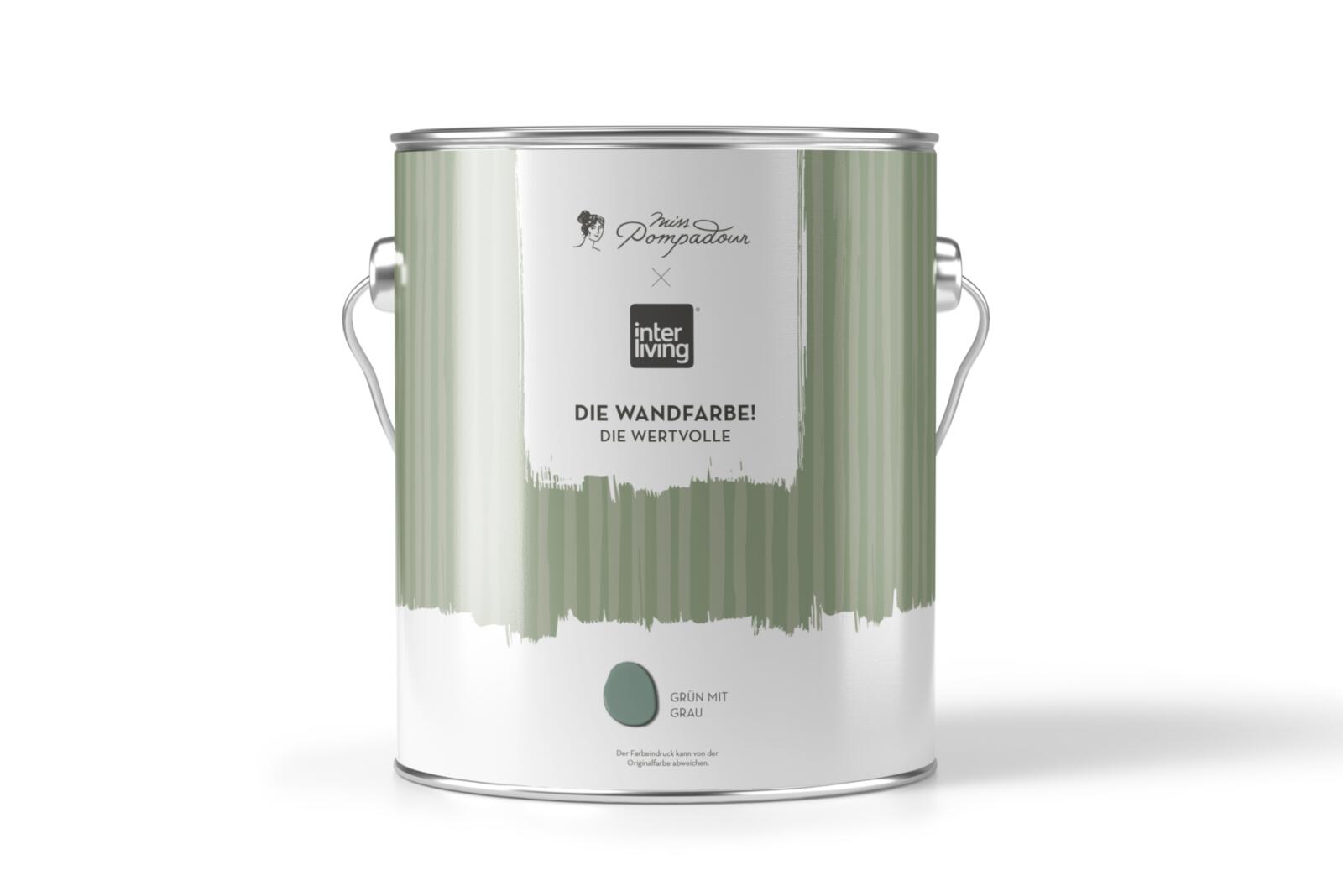 Wandfarbe im Farbeimer interliving x Miss Pompadour  Die Wandfarbe Die Wertvolle Farbton Grün mit Grau