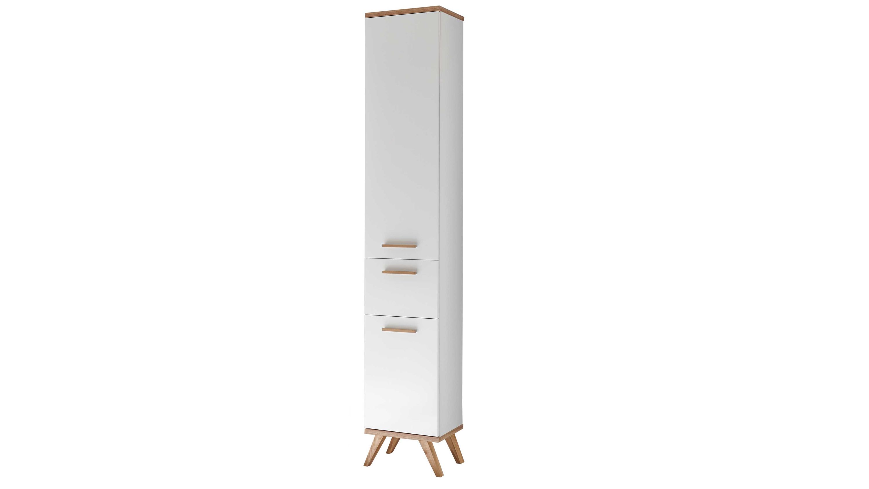 Hoher weißer Badschrank mit Holzbeinen und zwei Türen Hoher weißer Schrank mit zwei Türen und einer Schublade Holzfarbene Beine und obere Kante