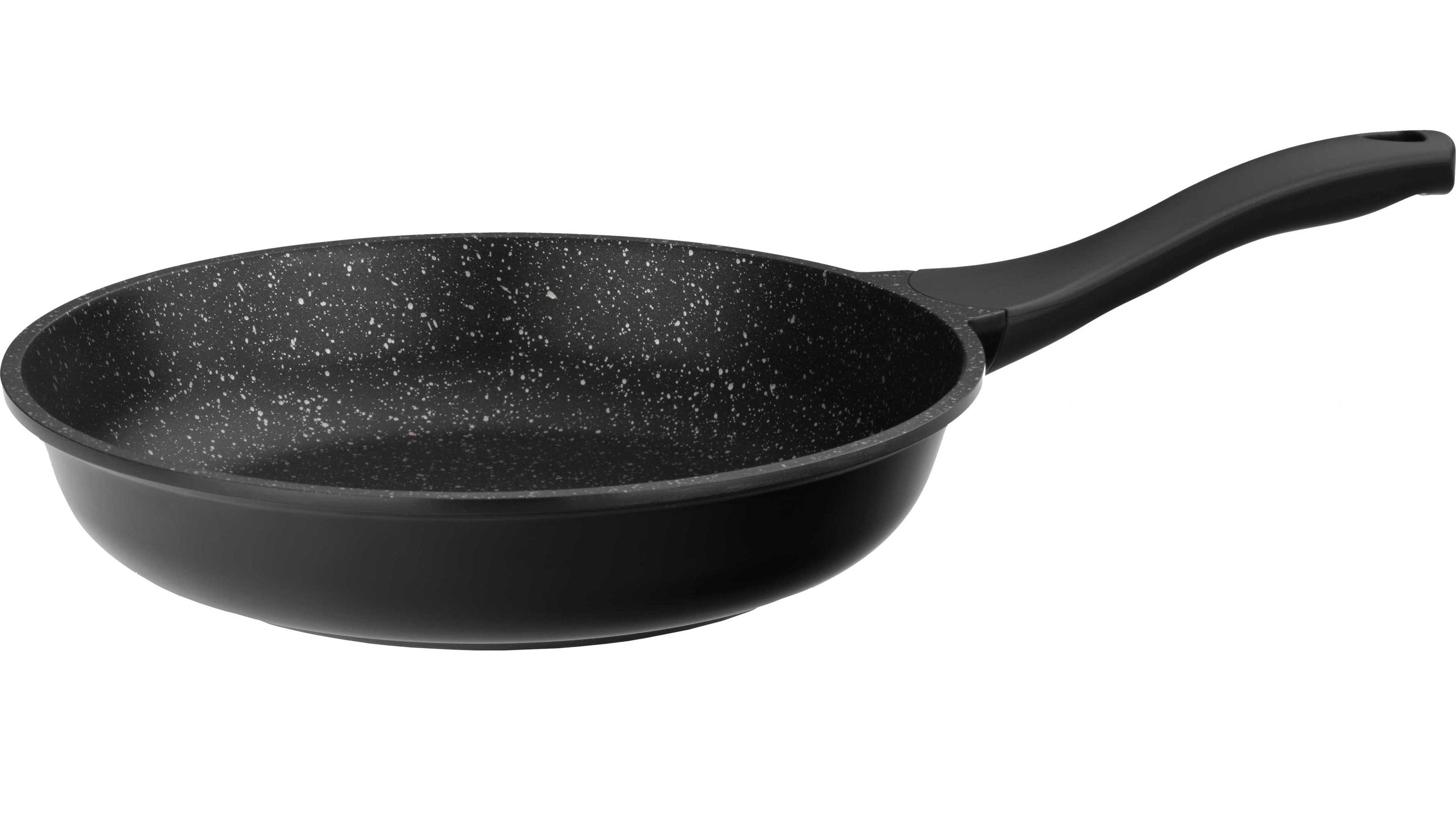 Schwarze Bratpfanne mit Griff Schwarze Bratpfanne mit Antihaftbeschichtung in gesprenkelter Optik und ergonomischem Griff seitlich aufgenommen.