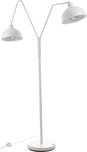 Moderne Stehlampe aus seidenweißem Aluminium mit flachem Leuchtenkopf  frontal vor weißem Hintergrund fotografiert