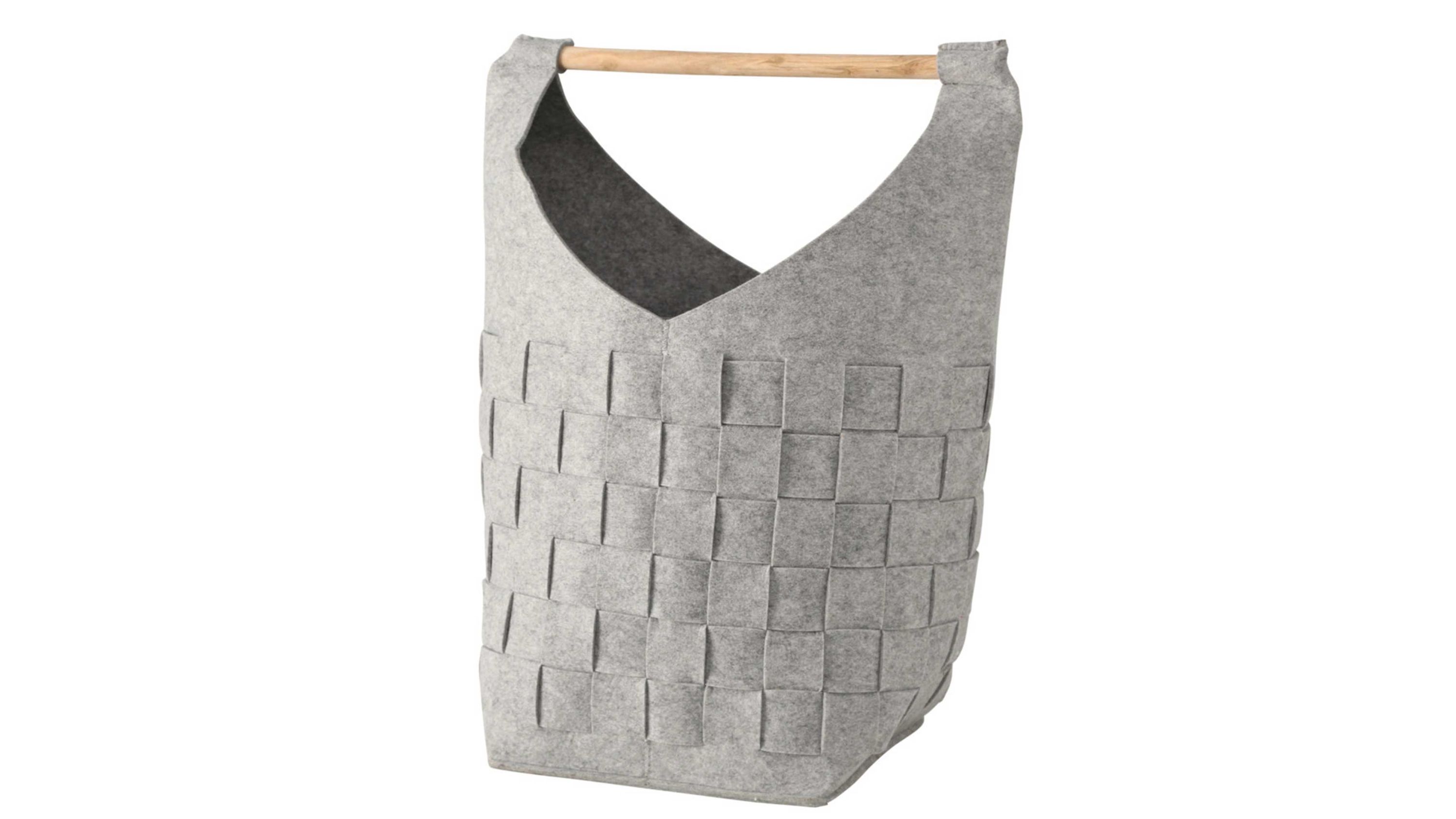 Hellgraue Filztasche mit geflochtenem Muster und Holzgriff