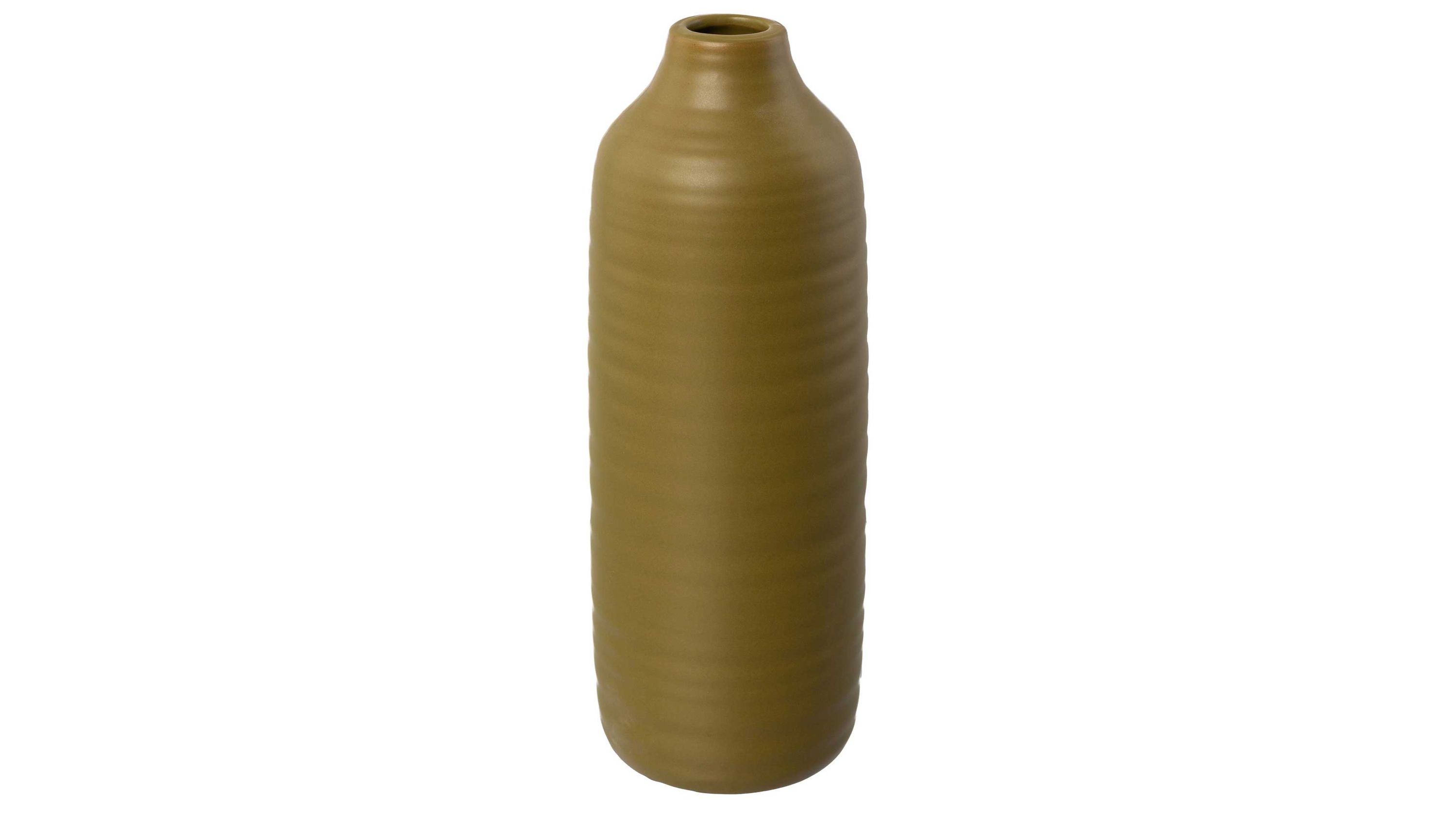 Hohe senffarbene Vase mit schmalem Hals Senffarbene hohe Vase mit schmalem Hals und gerillter Oberfläche
