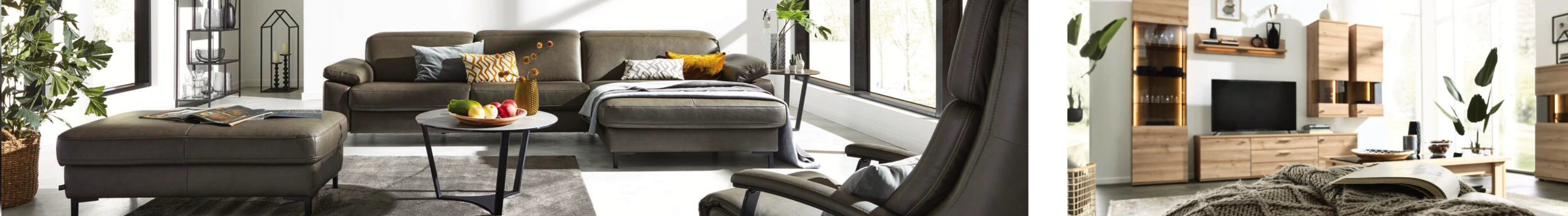 Modernes Wohnzimmer mit grauem Ledersofa, Sessel und Couchtisch links, rechts Wohnwand aus Holz mit TV und Regalen.
