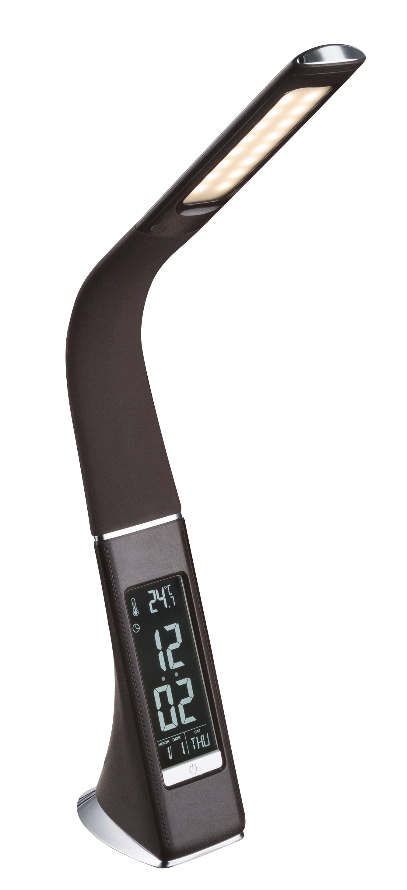 Moderne braune LED-Schreibtischlampe mit digitaler Uhr und Temperaturanzeige auf schlankem Standfuß, gebogenem Leuchtkopf