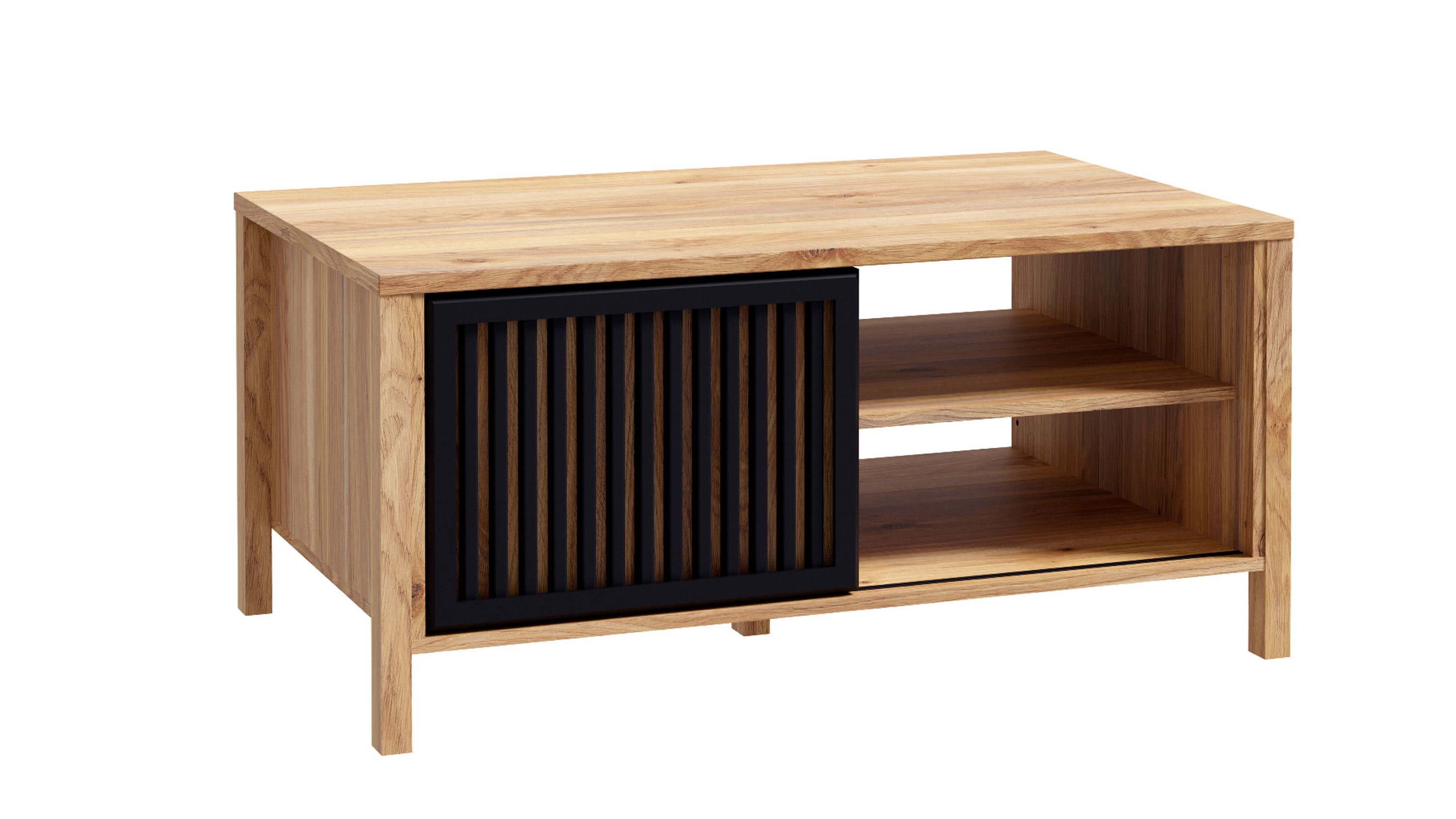 Couchtisch mit schwarzer Schiebetür und offenen Regalfächern Rechteckiger Couchtisch mit einer schwarzen Schiebetür und zwei offenen Regalfächern in Holzoptik