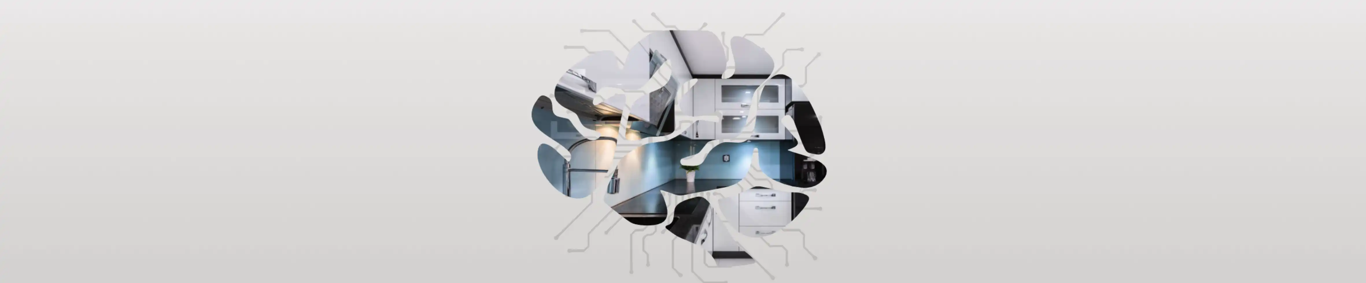 Visualisierung einer modernen, smarten Küche in Form eines digitalen Gehirnsymbols mit vernetzter Technologie