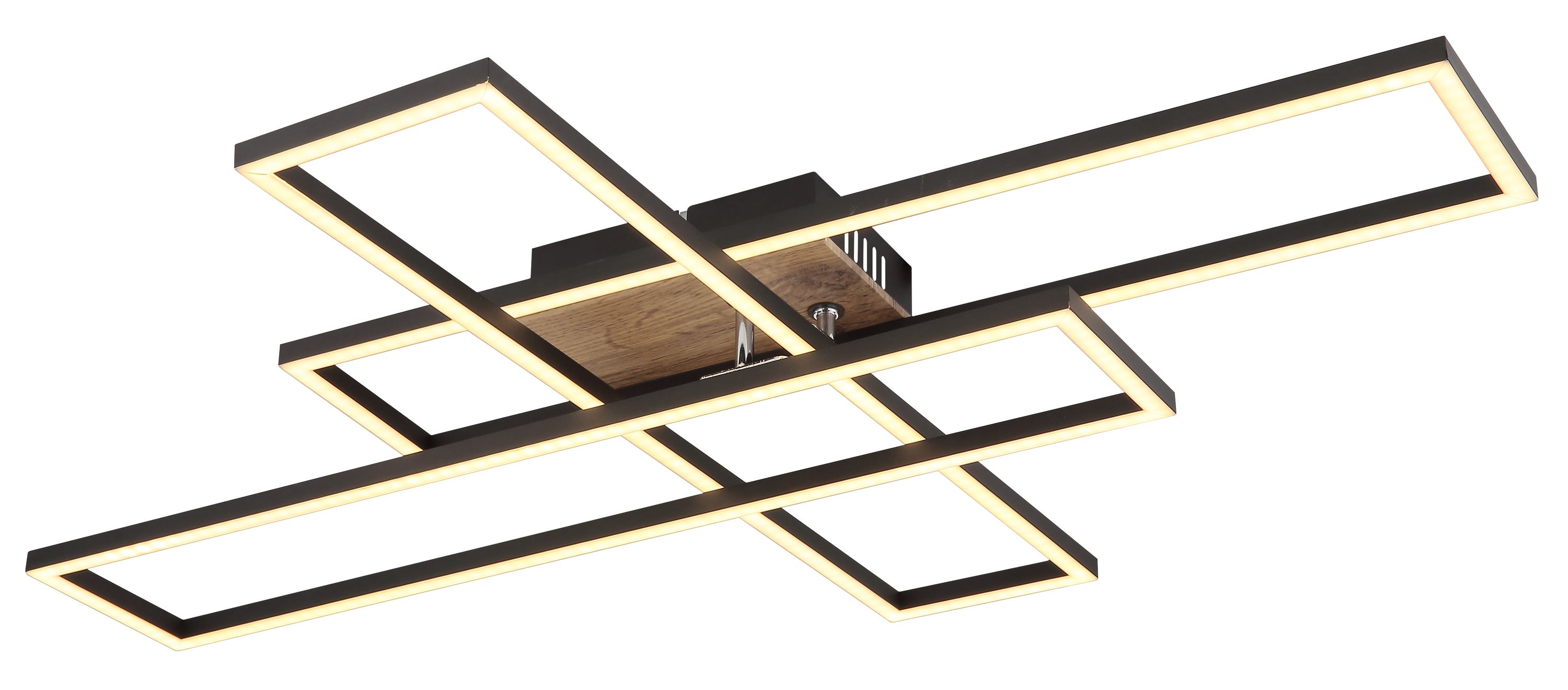 Deckenleuchte mit rechteckigen Rahmen in schwarz und Holzoptik mit integrierten Leuchtflächen