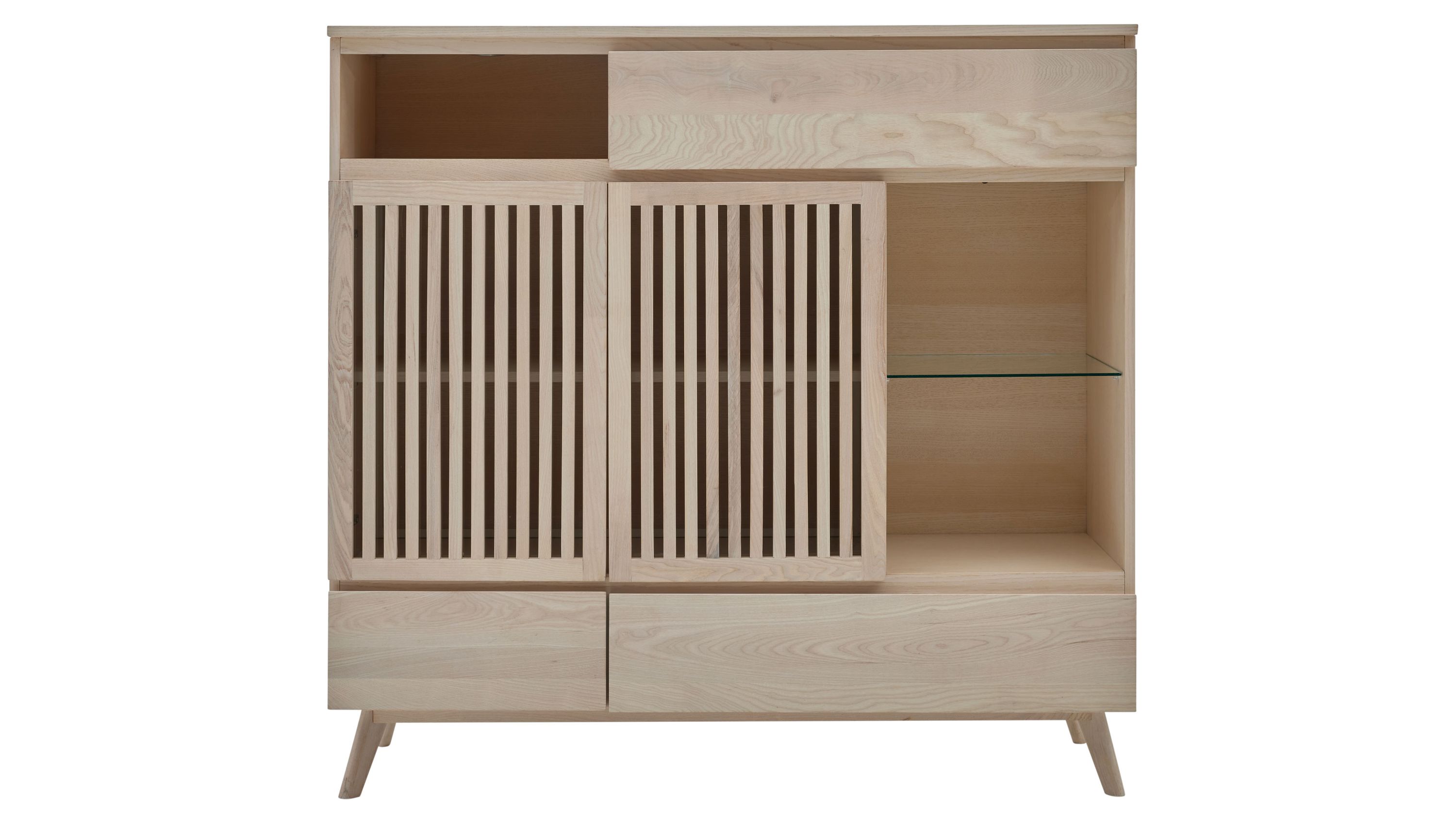 Roomio No. 2000 - Highboard mit Beleuchtung weiß gewaschene Esche - zwei Türen, drei Schubladen, Höhe ca. 125 cm