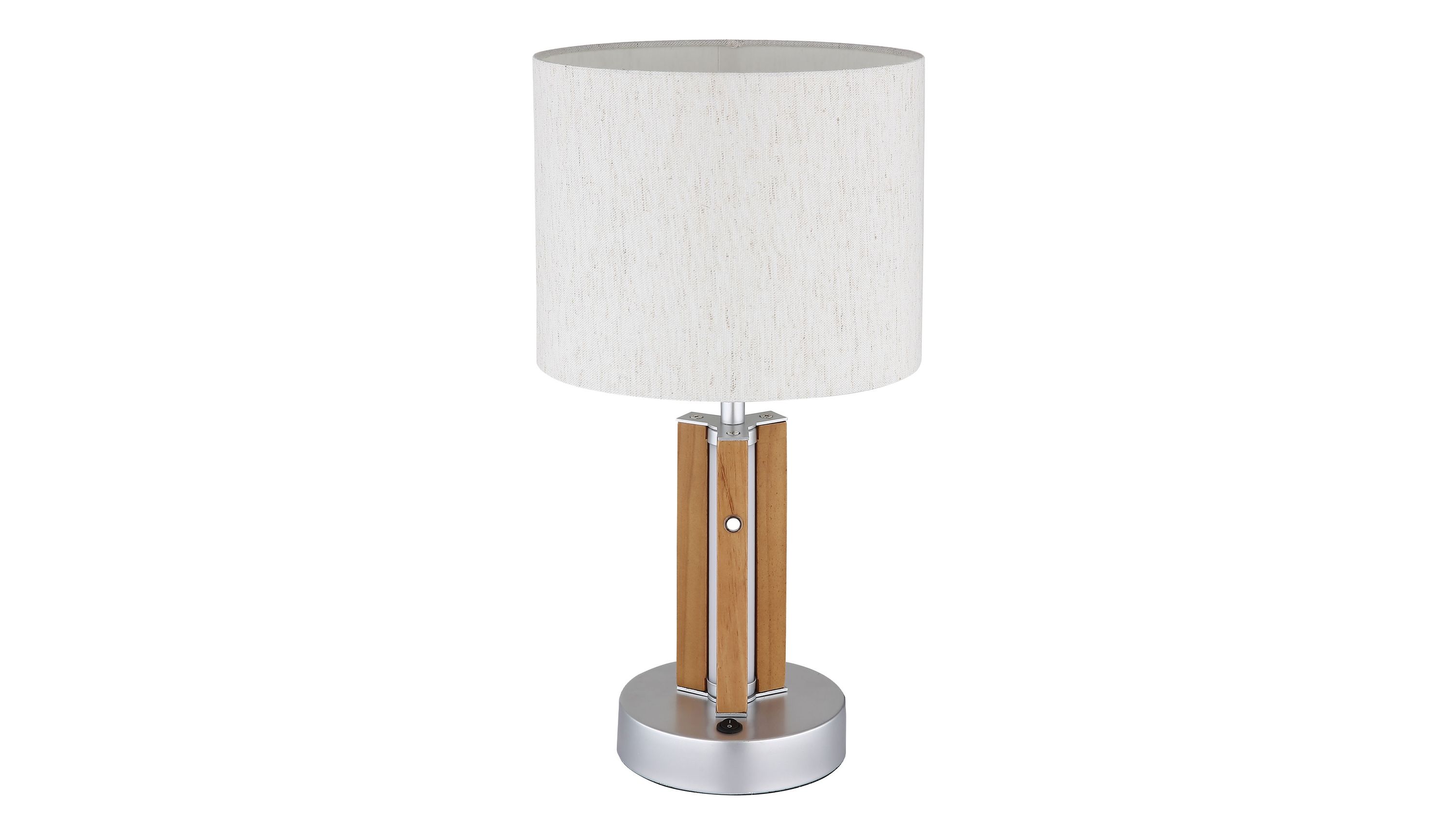 Tischlampe mit rundem weißem Lampenschirm und silberfarbenem Sockel mit Holzdetails
