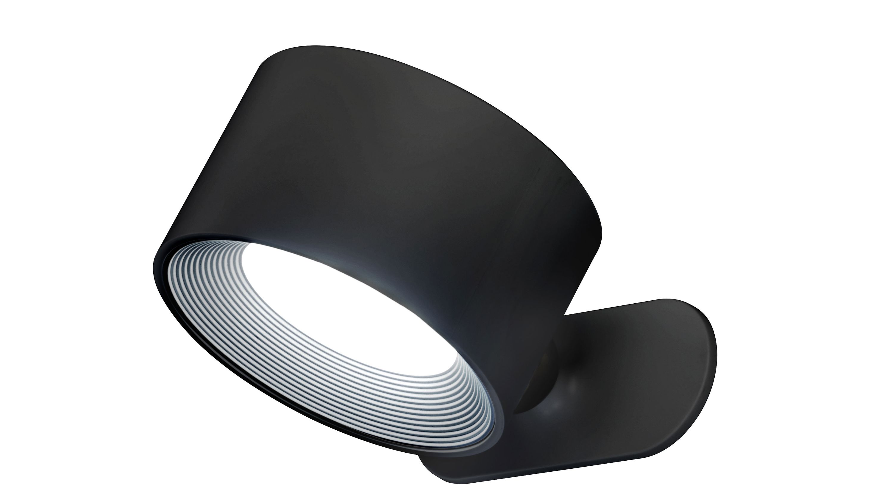 Runde Akku-Leuchte mit matt schwarzem Gehäuse und weißem Lichtschein