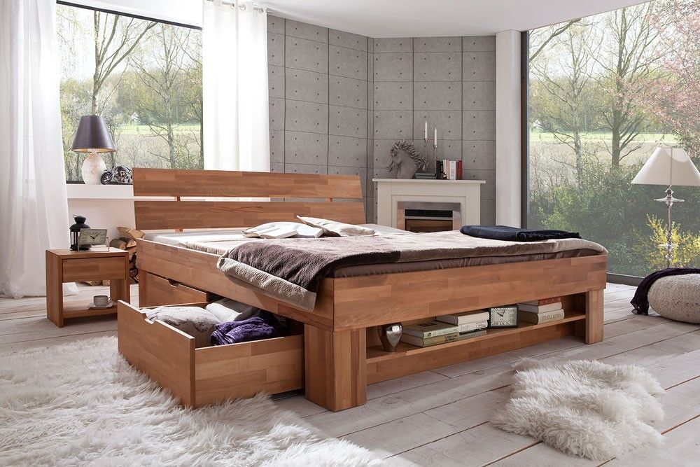 Futonbett Sofie 140x200 cm aus Kernbuche mit 4 Schubladen  Massivholz Doppelbett Massivholzbett ausHolz mit Liegefläche  ausgestattet mit vier geräumigen Schubladen unter dem Rahmen