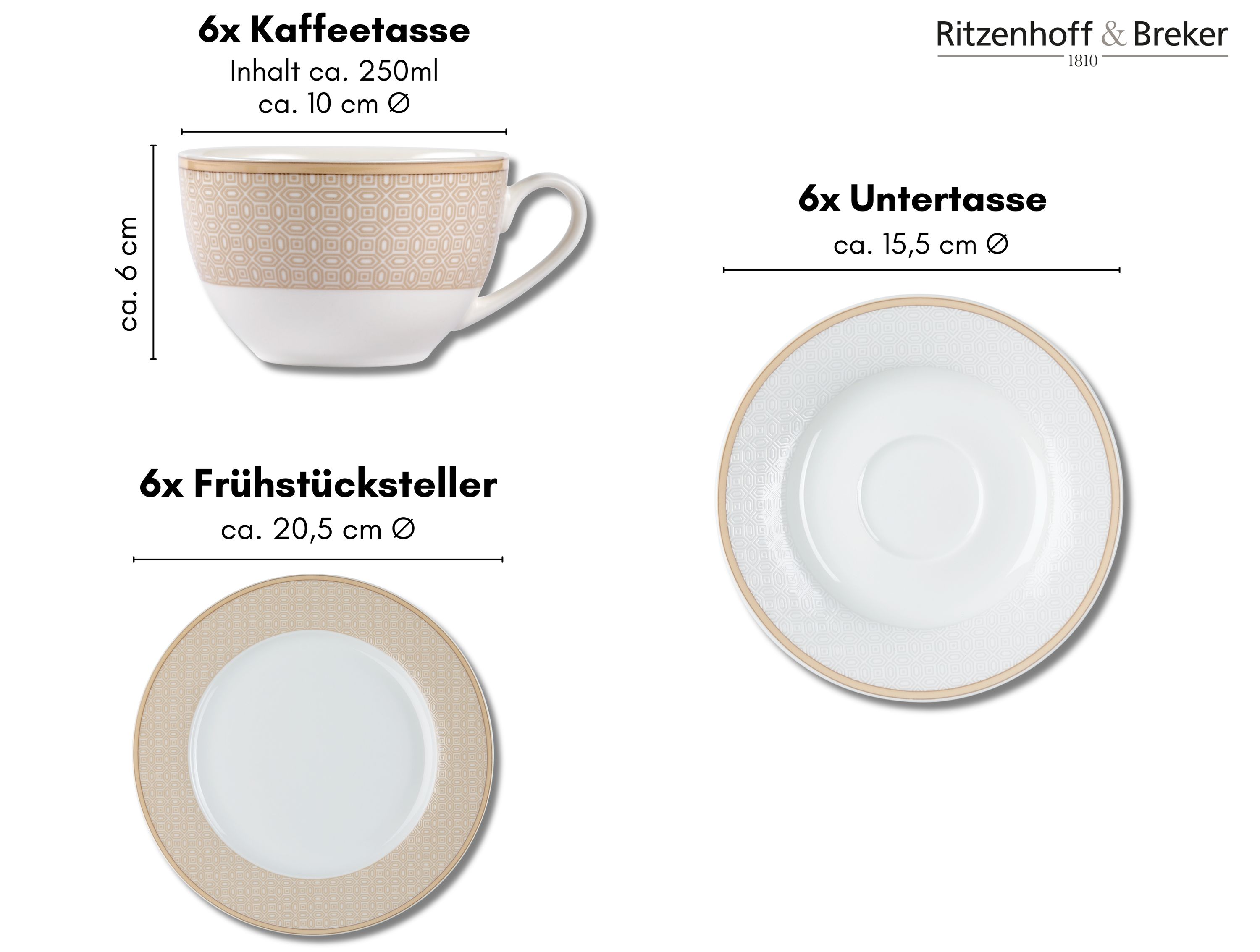 Beige gemusterte Kaffeetasse mit Henkel dazu passende Untertasse und Frühstücksteller mit beigem Rand