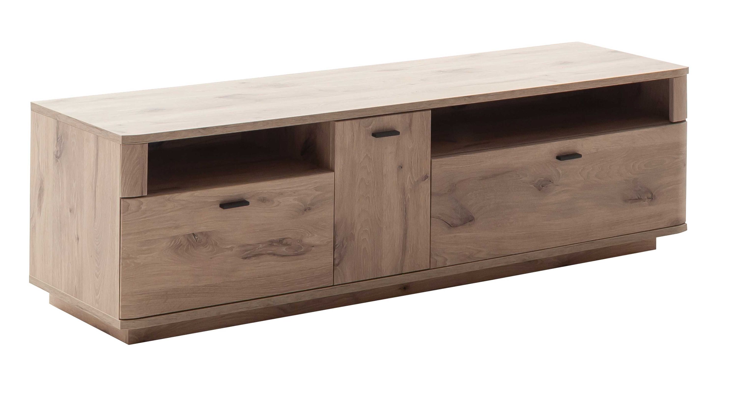 TV-Element in Holzoptik mit Klapptüren und Schrank Rechteckiges TV-Element mit zwei Klapptüren und einem mittleren Schrank in hellbrauner Holzoptik