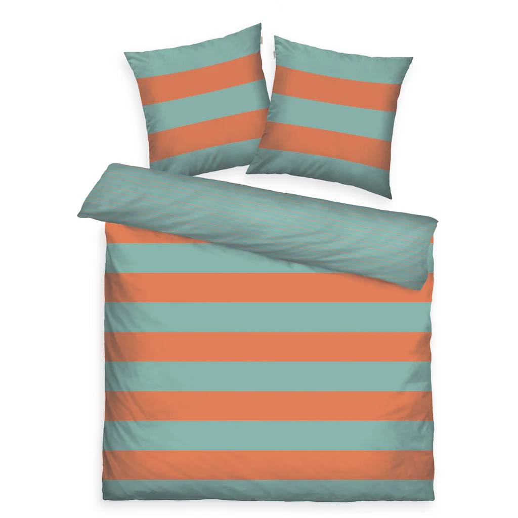 Bett mit Wende-Kissen und Decke in Türkis/Orange gestreift und einfarbig Türkis Draufsicht