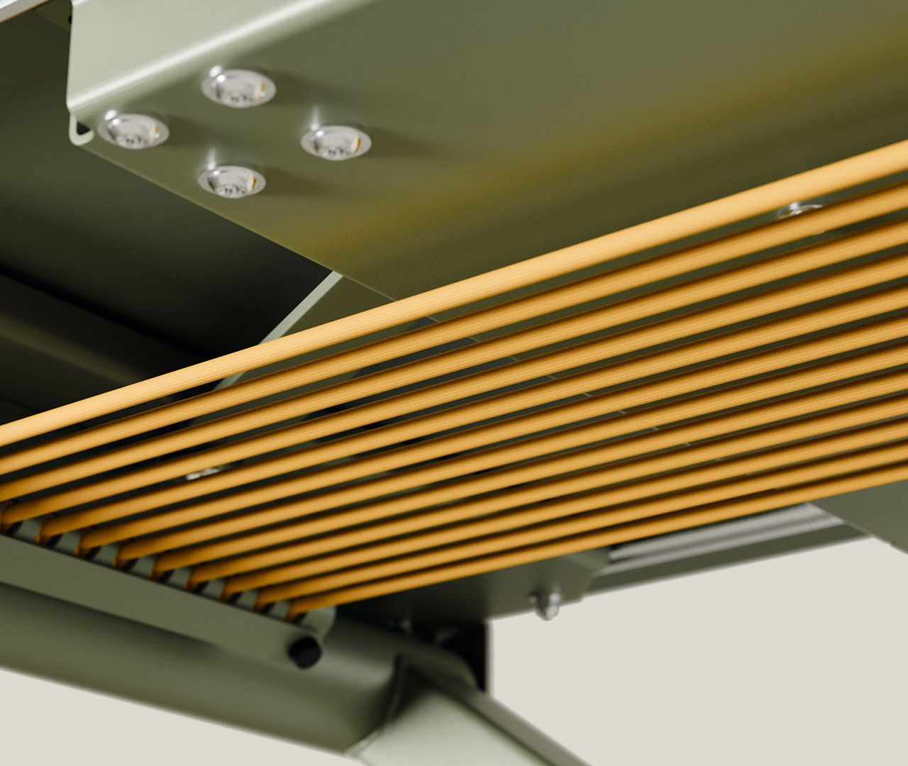 Gelbes Kabelmanagement-System mit parallelen Schnüren unter der Tischplatte des grünen Schreibtischs.