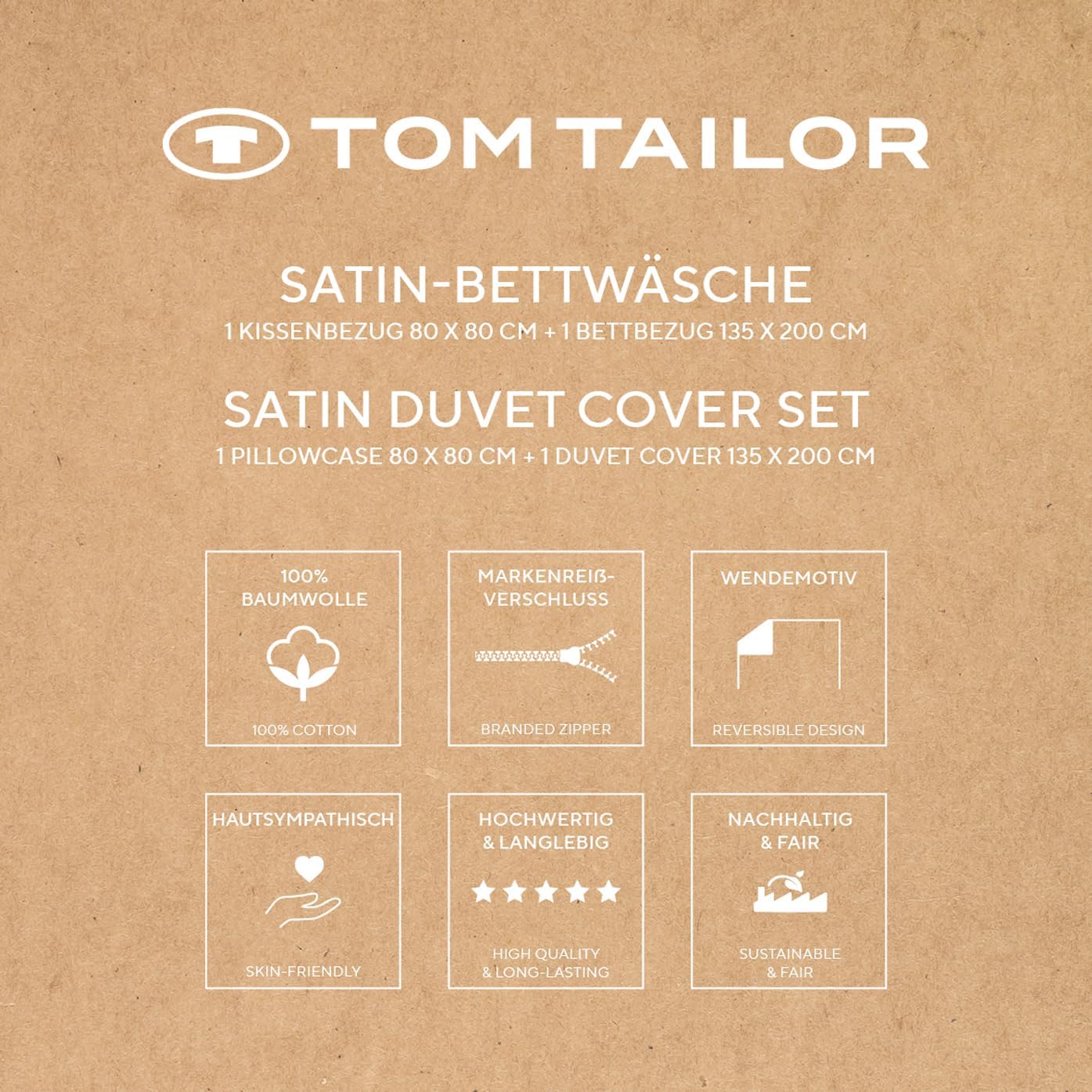 Frontalaufnahme einer braunen Verpackung mit weißer Aufschrift TOM TAILOR SATIN-BETTWÄSCHE und sechs Symbolen