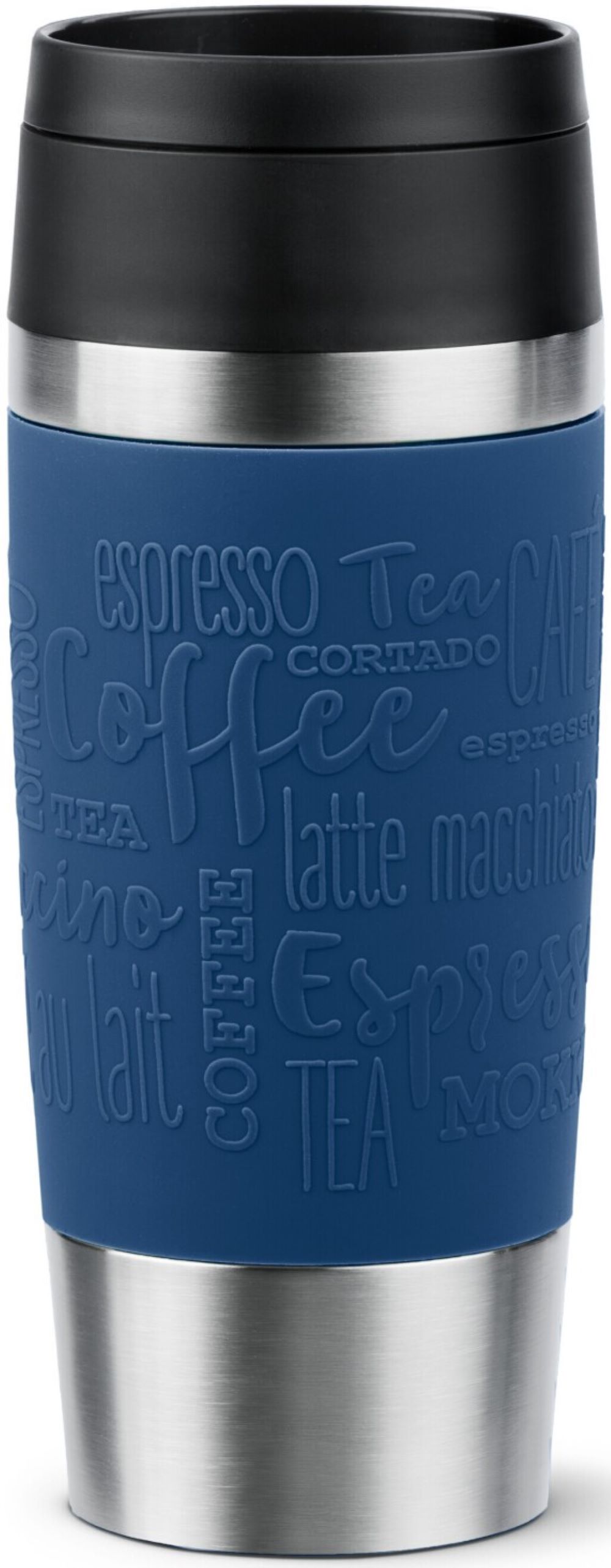 Dunkelblauer Thermobecher mit Edelstahl – stilvoller Becher mit Kaffeeprägung und schwarzem Deckel Dunkelblauer Thermobecher mit Kaffeeprägung, Edelstahlboden und schwarzem Deckel, freigestellt vor Weiß