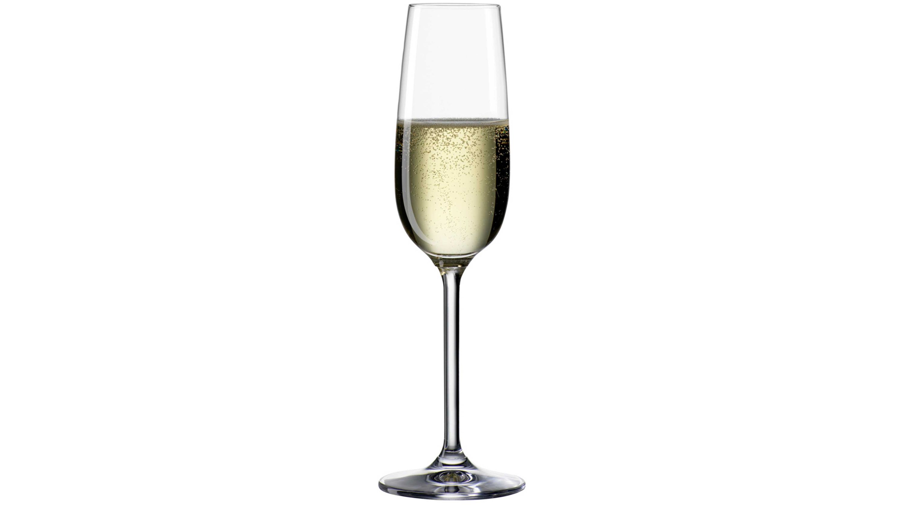 Schlankes Sektglas mit langem Stiel und klarem durchsichtigem Glas gefüllt mit sprudelndem Sekt