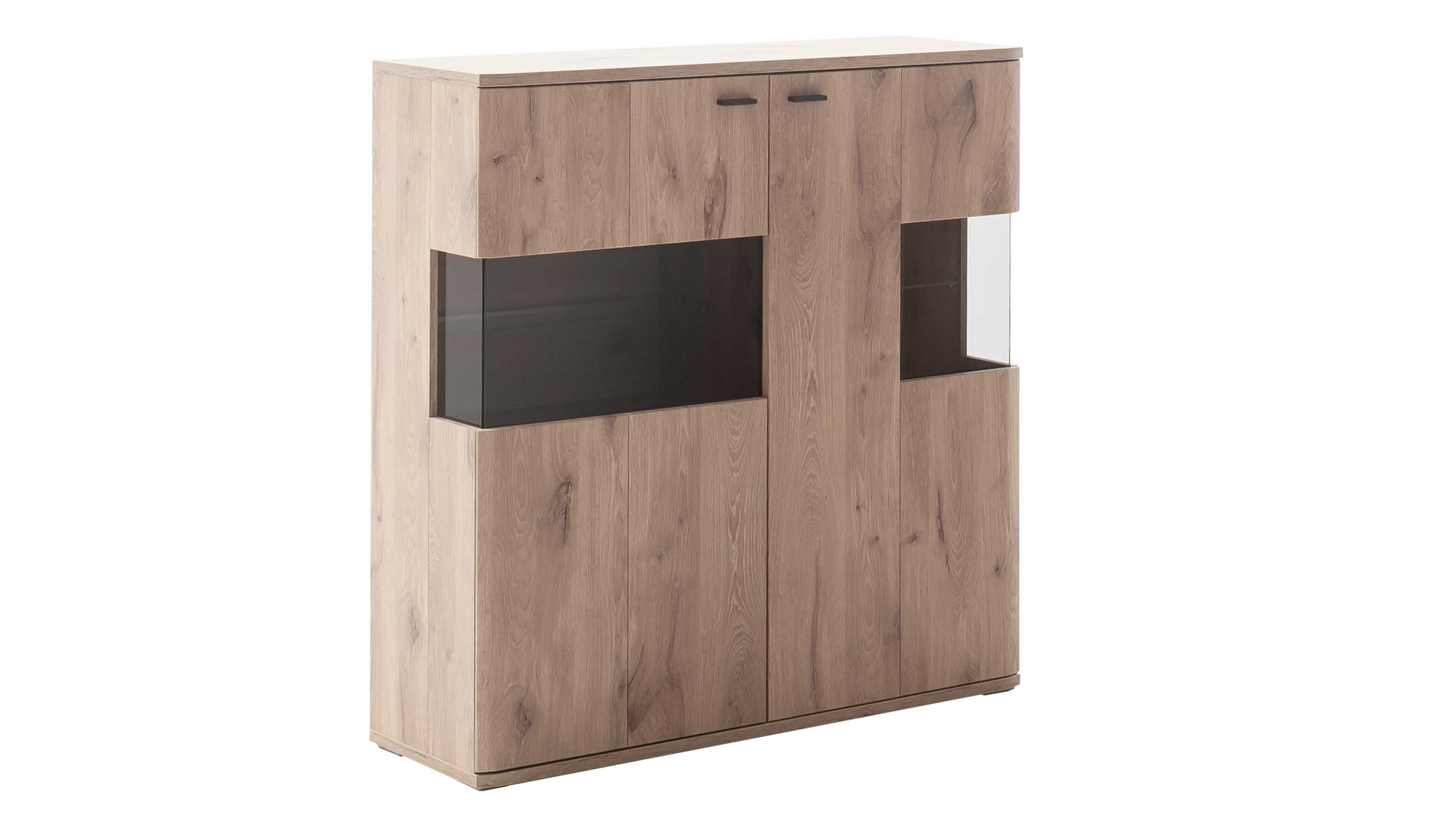 Highboard mit Glaseinsätzen in Holzoptik Helles Highboard mit zwei Türen und zwei Glaseinsätzen in der Mitte Holzoptik