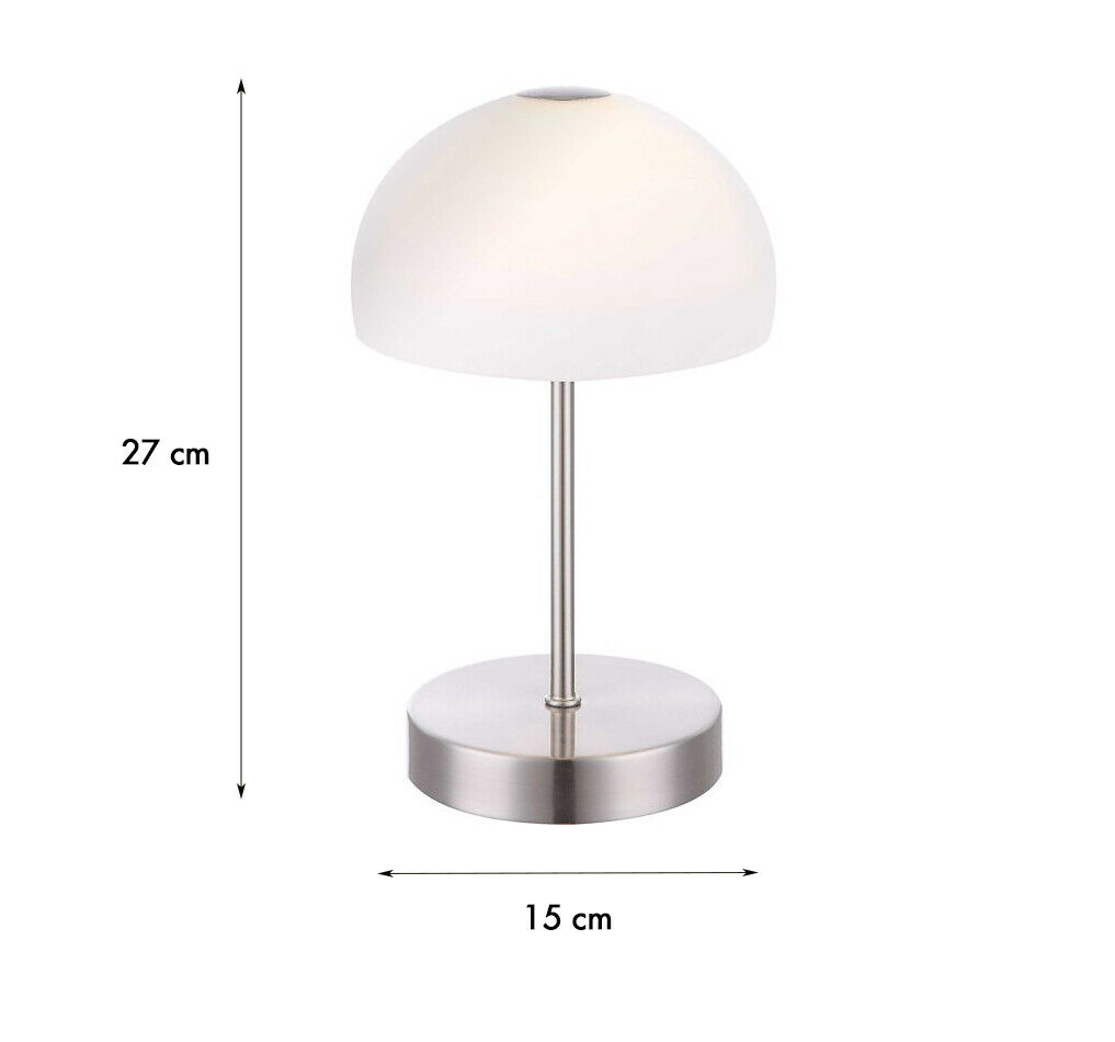 Maßangaben der Lampe mit rundem Sockel aus Metall und satiniertem Glaskörper  13?cm Durchmesser