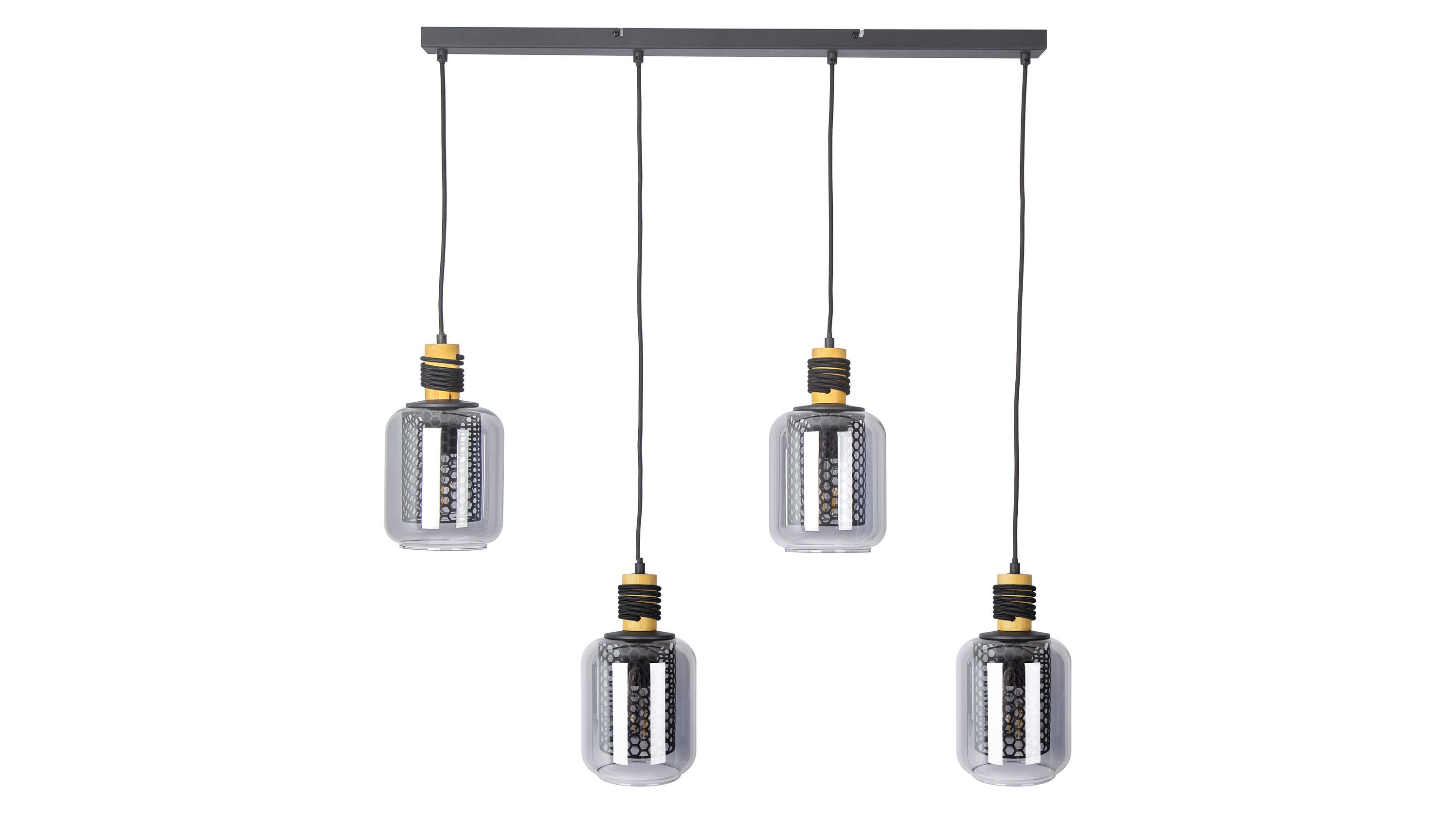 Hängelampe mit vier rauchfarbenen Glaslampen und schwarzem Metall Vier hängende Lampen mit rauchfarbenem Glas und schwarzem Metall an einer schwarzen Halterung