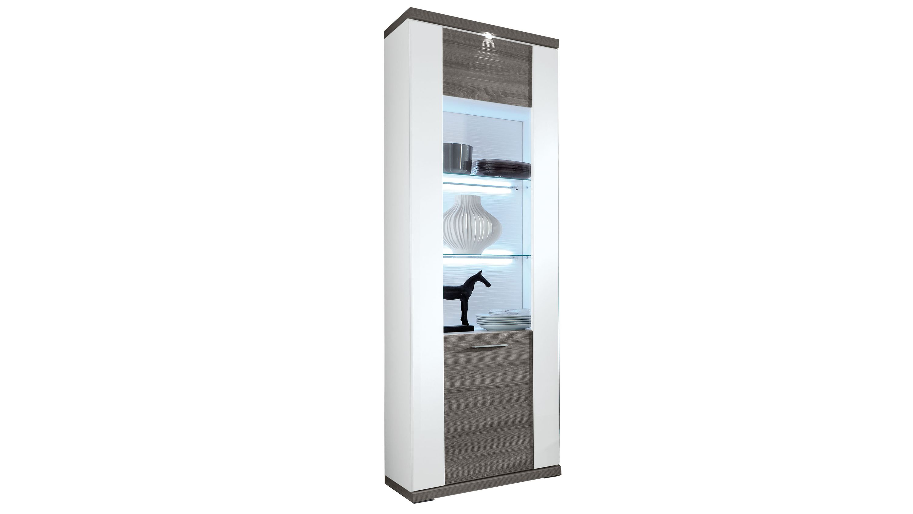Hohe Vitrine mit einer Glastür rechts weißer Korpus und graue Absetzungen oben und unten