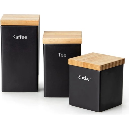 Kleine schwarze Dosen  Holzdeckel  stilvoll beschriftet mit Kaffee  Tee und Zucker