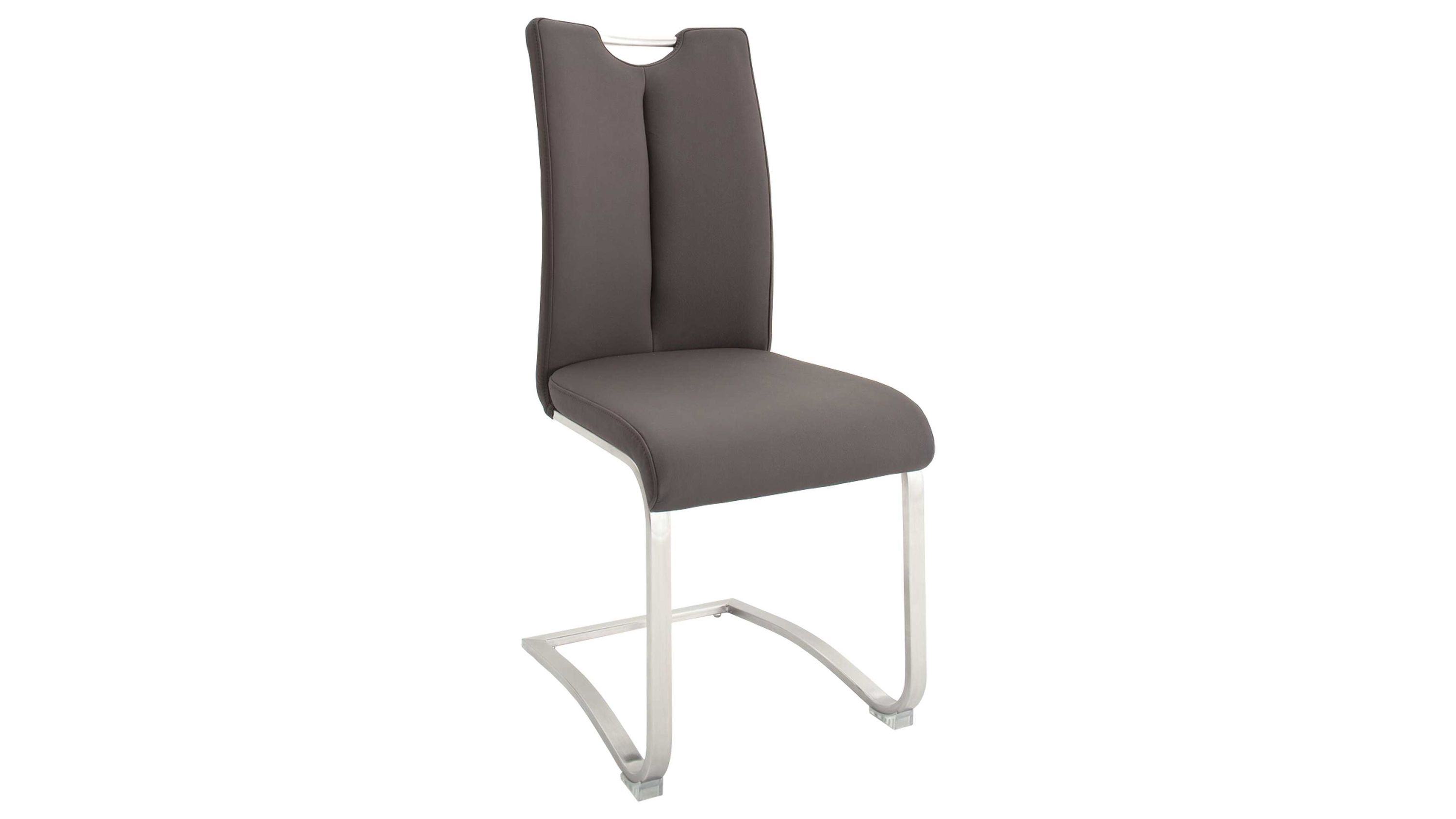 Schwingstuhl mit braunem Sitz und Edelstahlgestell Brauner Schwingstuhl mit gepolsterter Rückenlehne und Edelstahlgestell