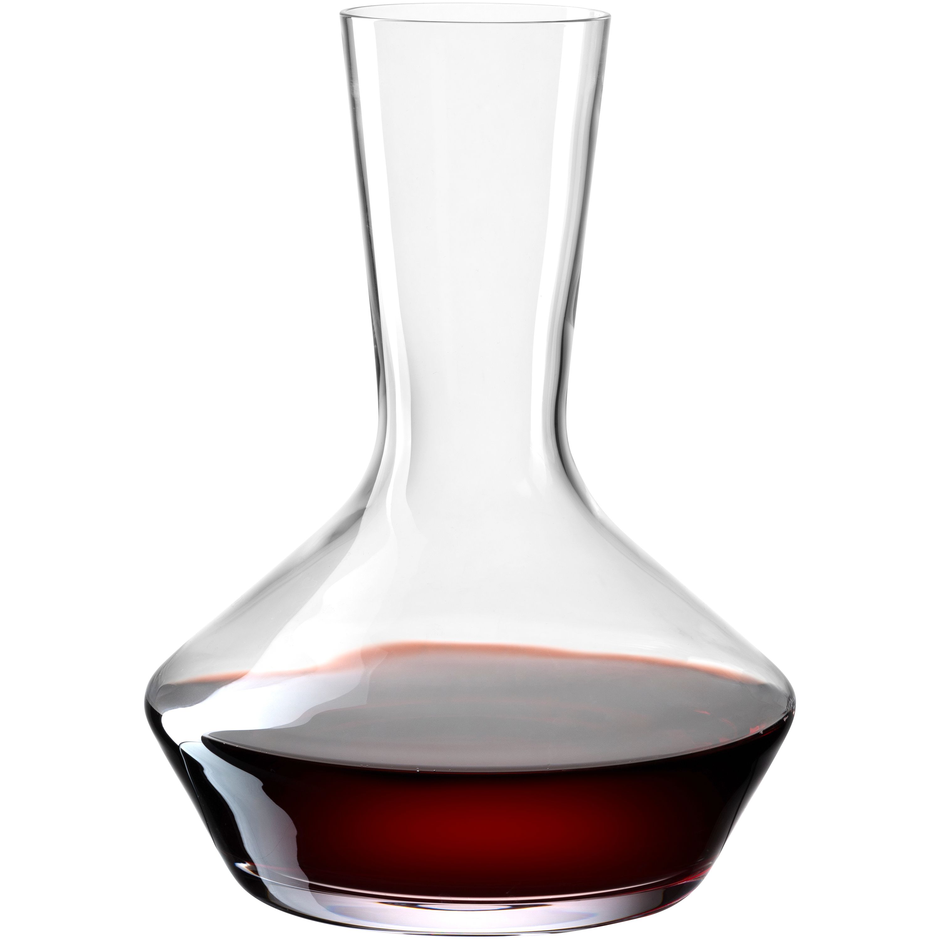 Transparenter Decanter mit breitem Boden und schmalem Hals gefüllt mit rotem Wein