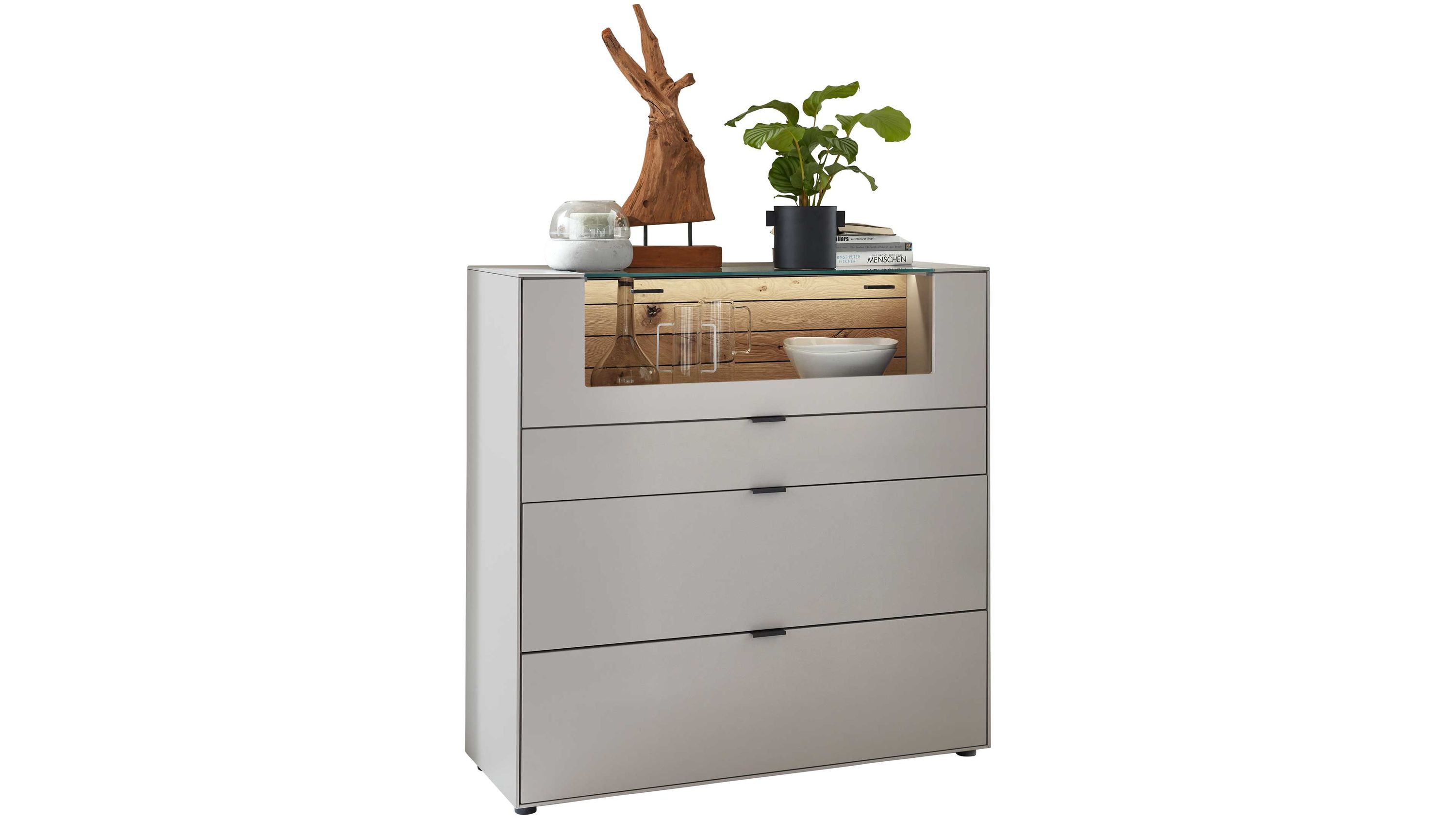 Highboard mit Klapptür und drei Schubladen in samtgrau Hochkommode mit samtgrauem Lack eine Klapptür mit Glasfront oben drei Schubladen darunter