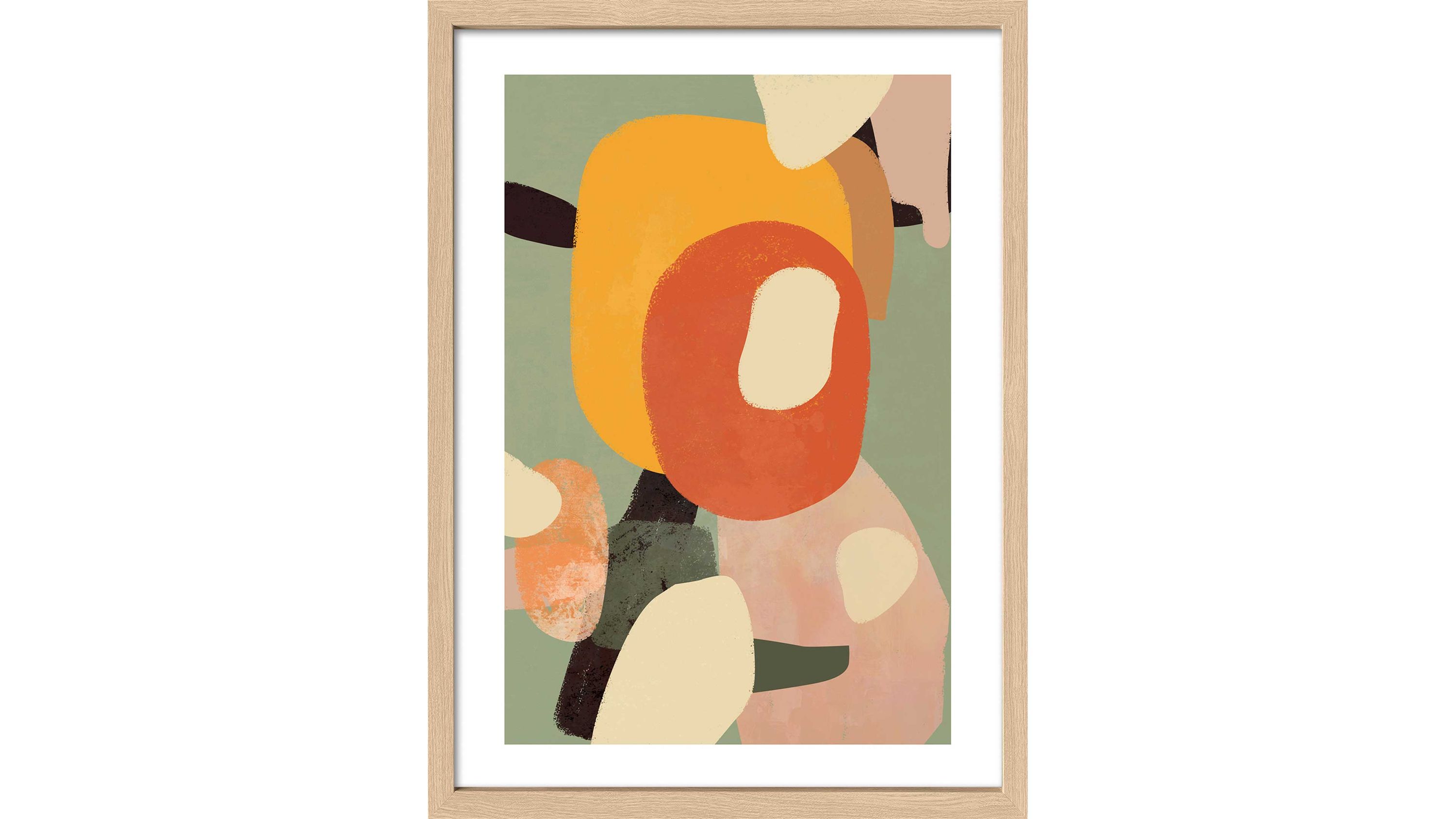 Abstrakter Kunstdruck in hellem Holzrahmen Kunstdruck mit abstrakten Formen in Orange Beige Grün und Schwarz in einem hellen Holzrahmen