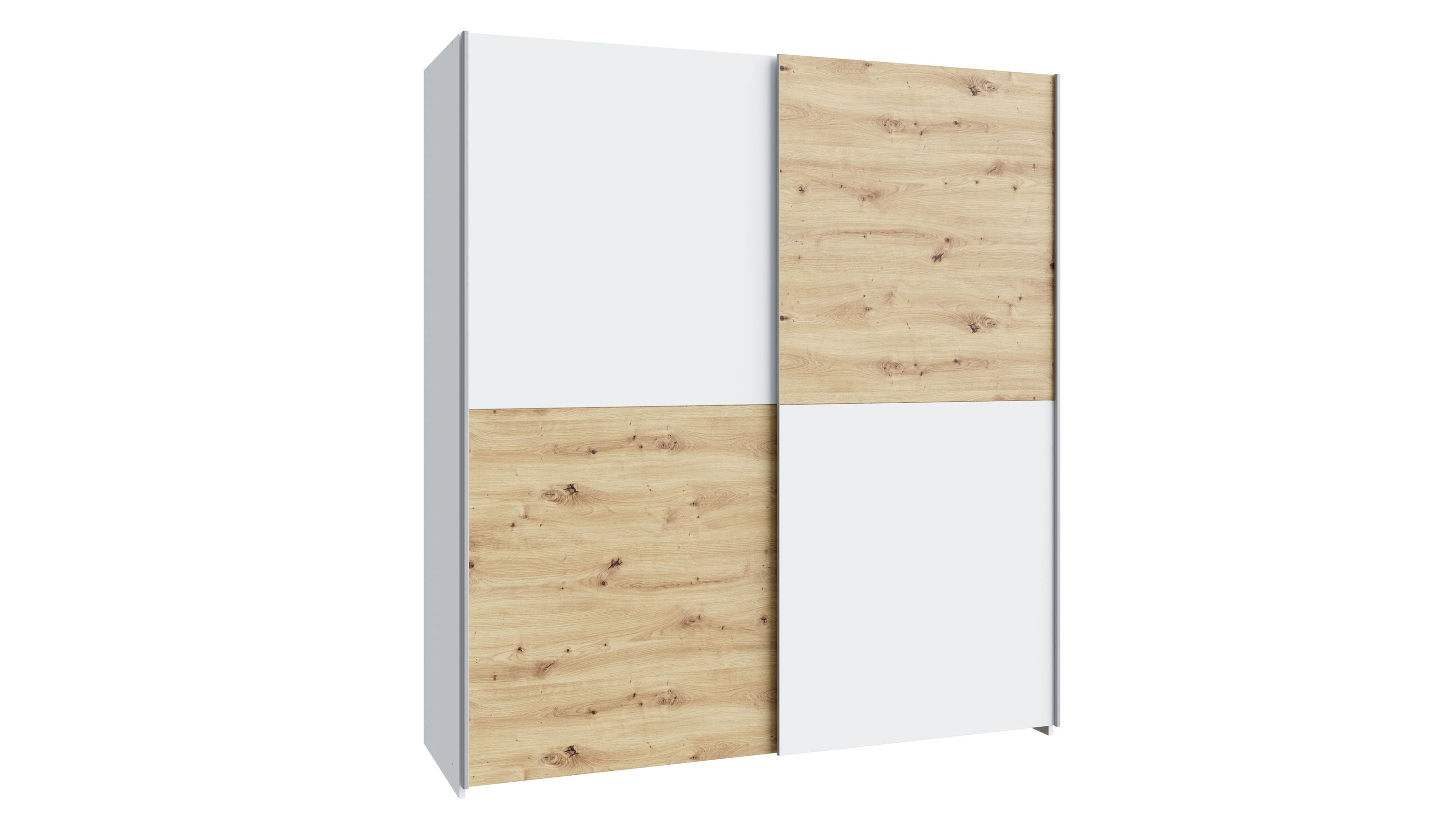 Kleiderschrank mit Schiebetüren in Weiß und Holzoptik Kleiderschrank mit zwei Schiebetüren in weiß und holzfarbenem Dekor mit Maserung