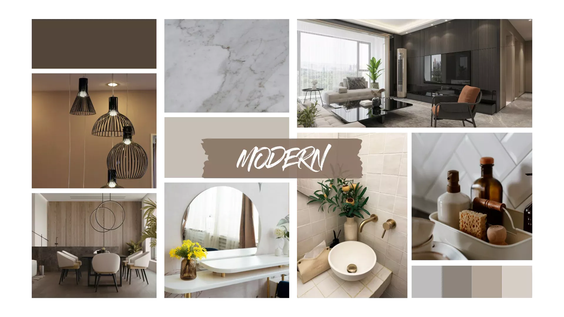 Collage im modernen Wohnstil mit minimalistischem Wohnzimmer, schwarzen Pendelleuchten, Marmoroberfläche, hellem Badezimmer mit runder Schale und neutraler Farbpalette in Beige, Grau und Weiß