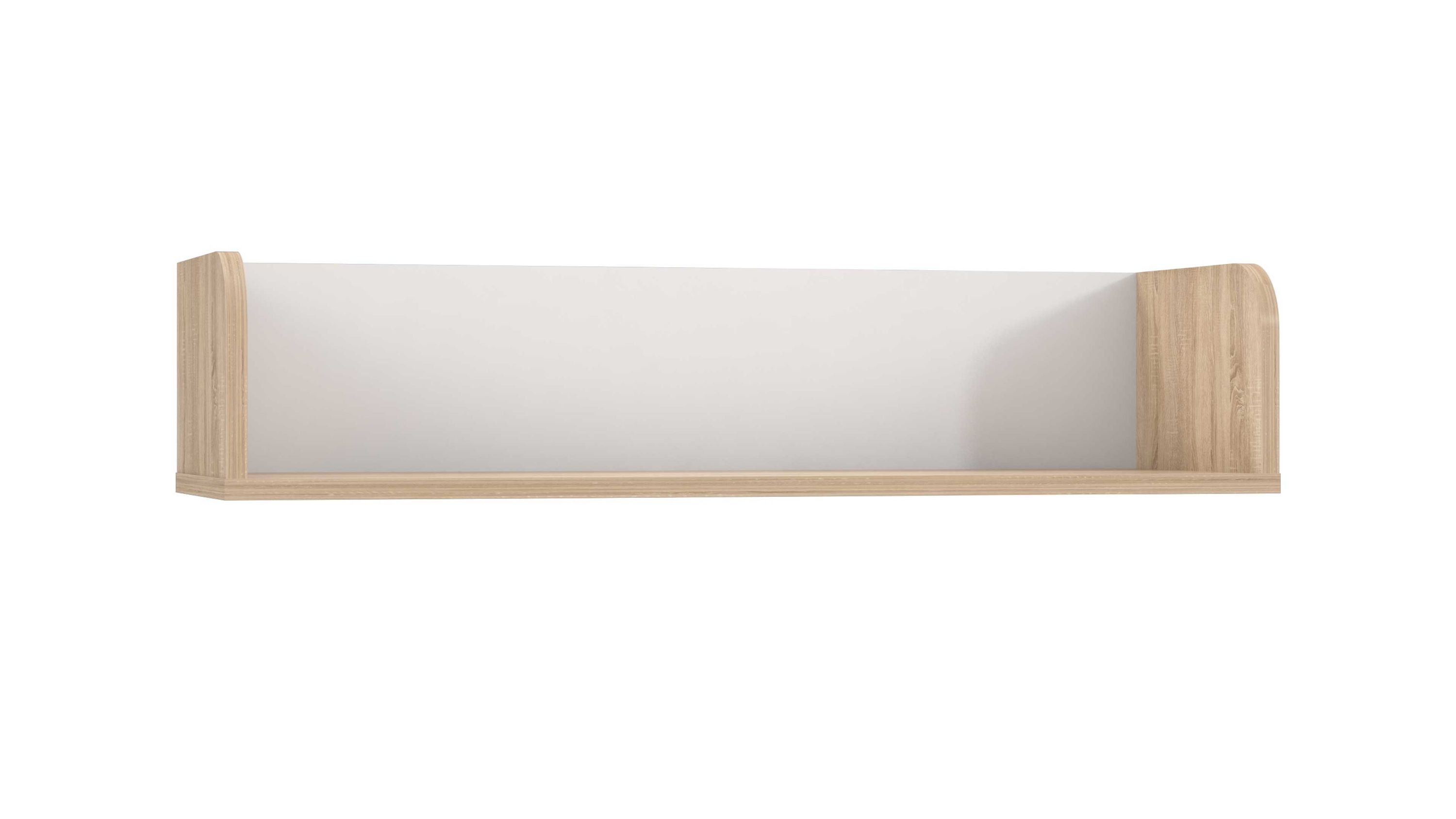 Offenes Wandregal in Weiß und Holzoptik Offenes Wandregal mit weißen Rückwand und seitlichen Brettern in heller Holzoptik