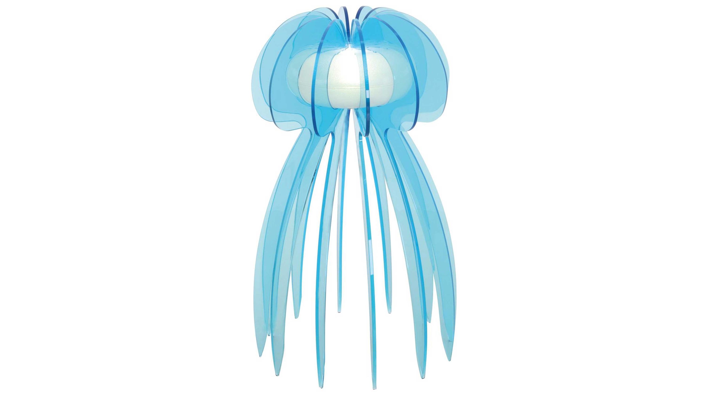 Tischlampe in Quallenform aus blauem Acrylglas Tischlampe in Form einer Qualle mit blauen gebogenen Acrylglasplatten und weißem Lampenschirm in der Mitte