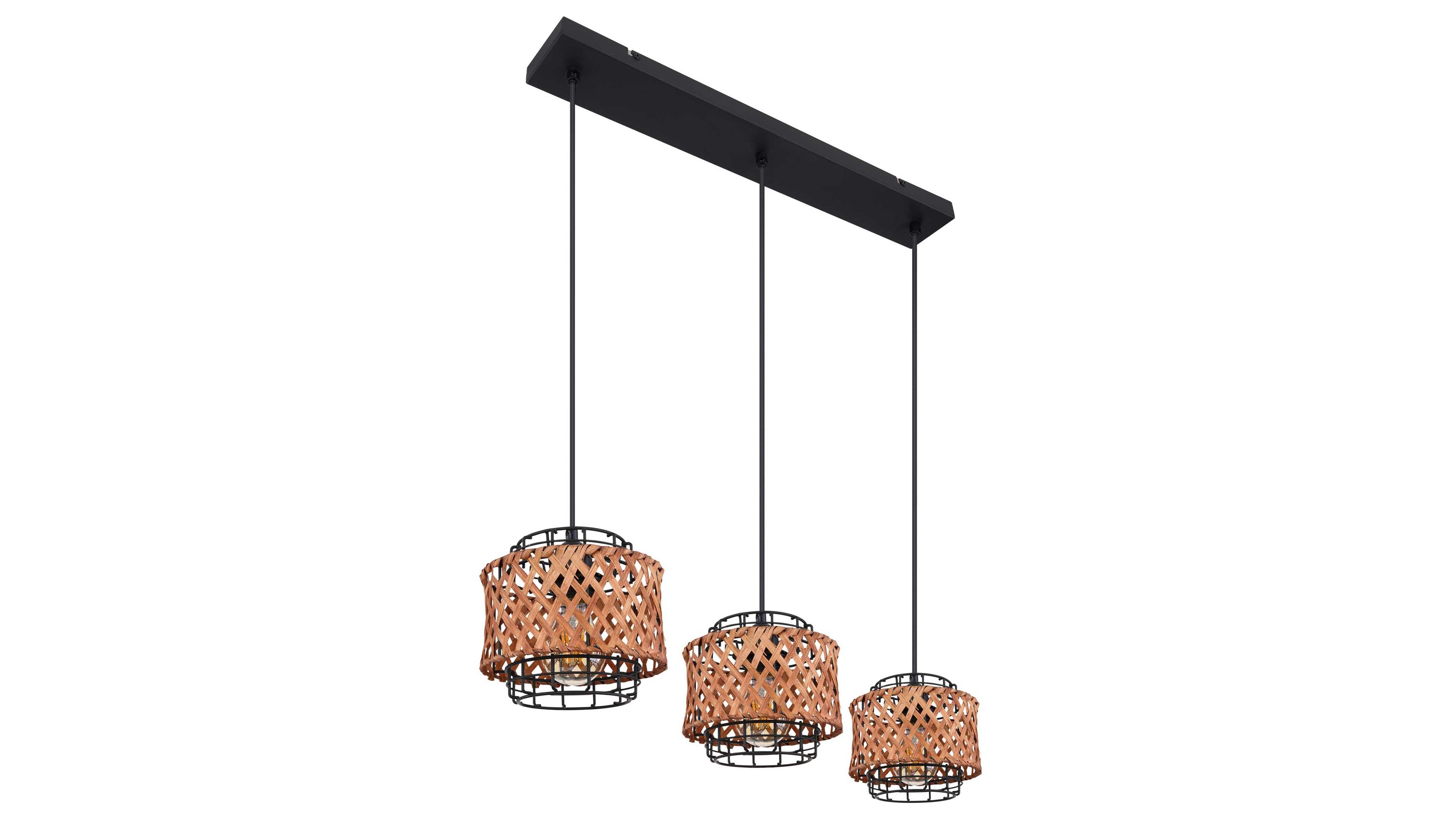 Hängeleuchte mit drei Bambusschirmen und Metallrahmen Drei runde Hängeleuchten mit geflochtenen Schirmen aus Bambus und schwarzem Metallrahmen
