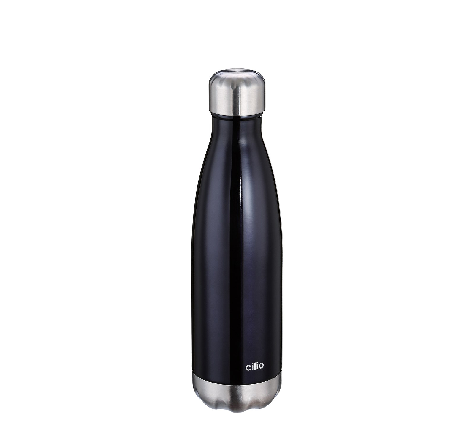 Schlanke Flasche in Schwarz mit silbernem Schraubdeckel geeignet für kohlensäurehaltige Getränke