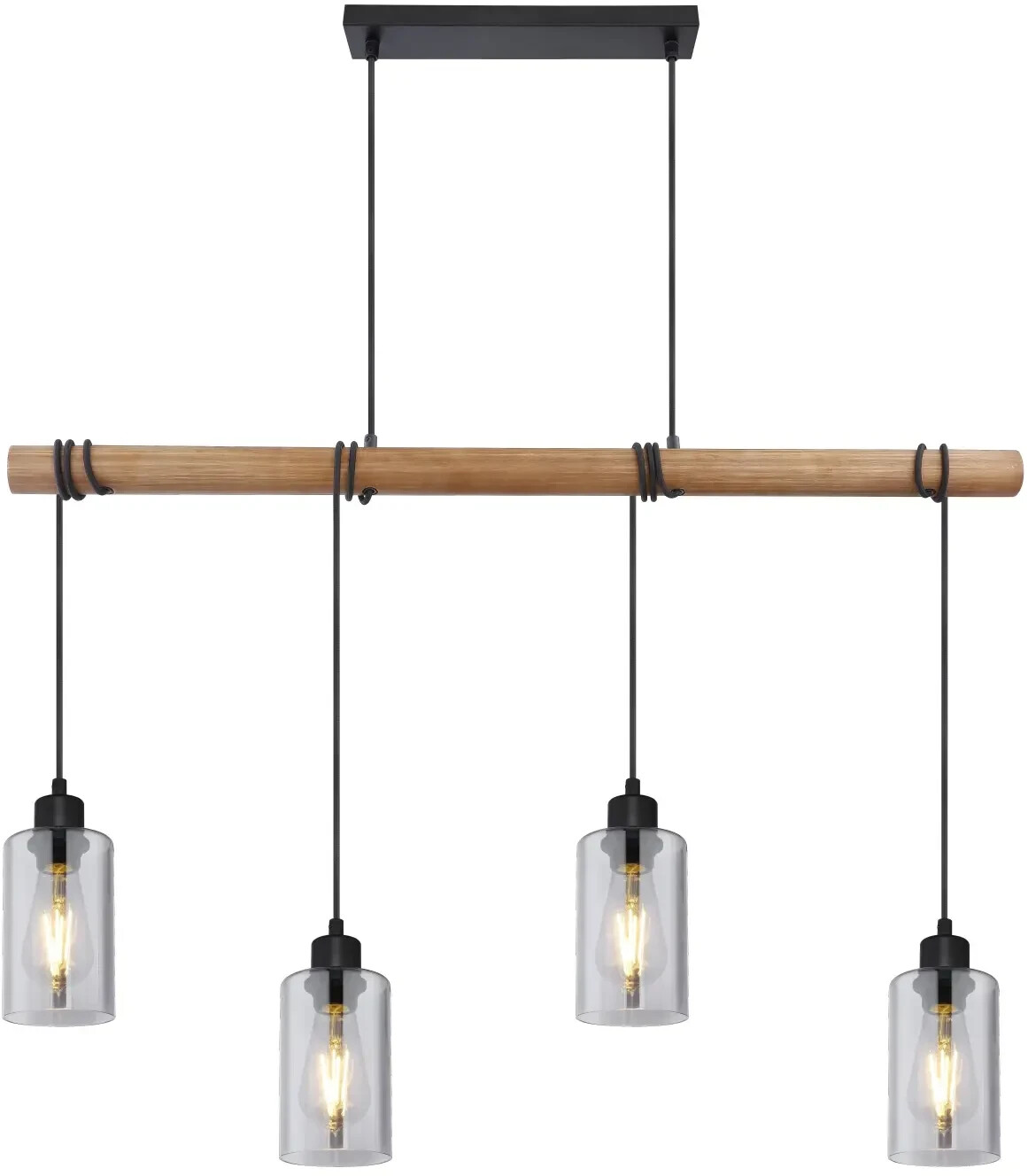 Vierflammige Hängeleuchte mit Glas-Schirmen an schwarzem Kabel  Holzträger horizontal montiert