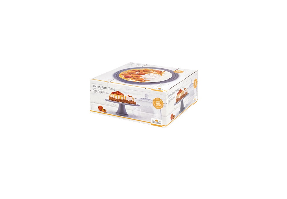 Verpackung einer Tortenplatte mit Kuchenabbildung, leicht von oben fotografiert