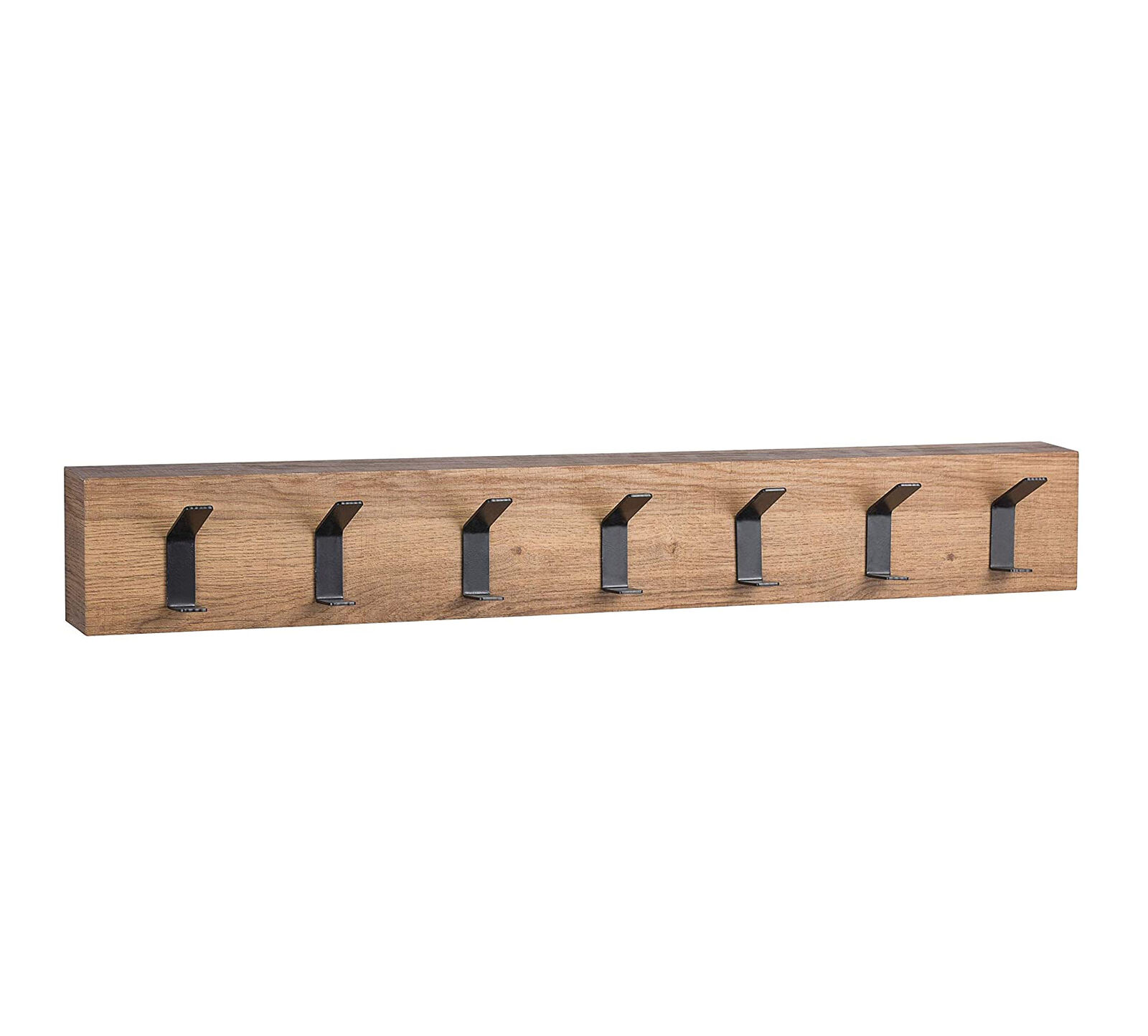 Wandgarderobe aus eichenbraunem Holz mit sieben schwarzen Metallhaken  frontal aufgenommen