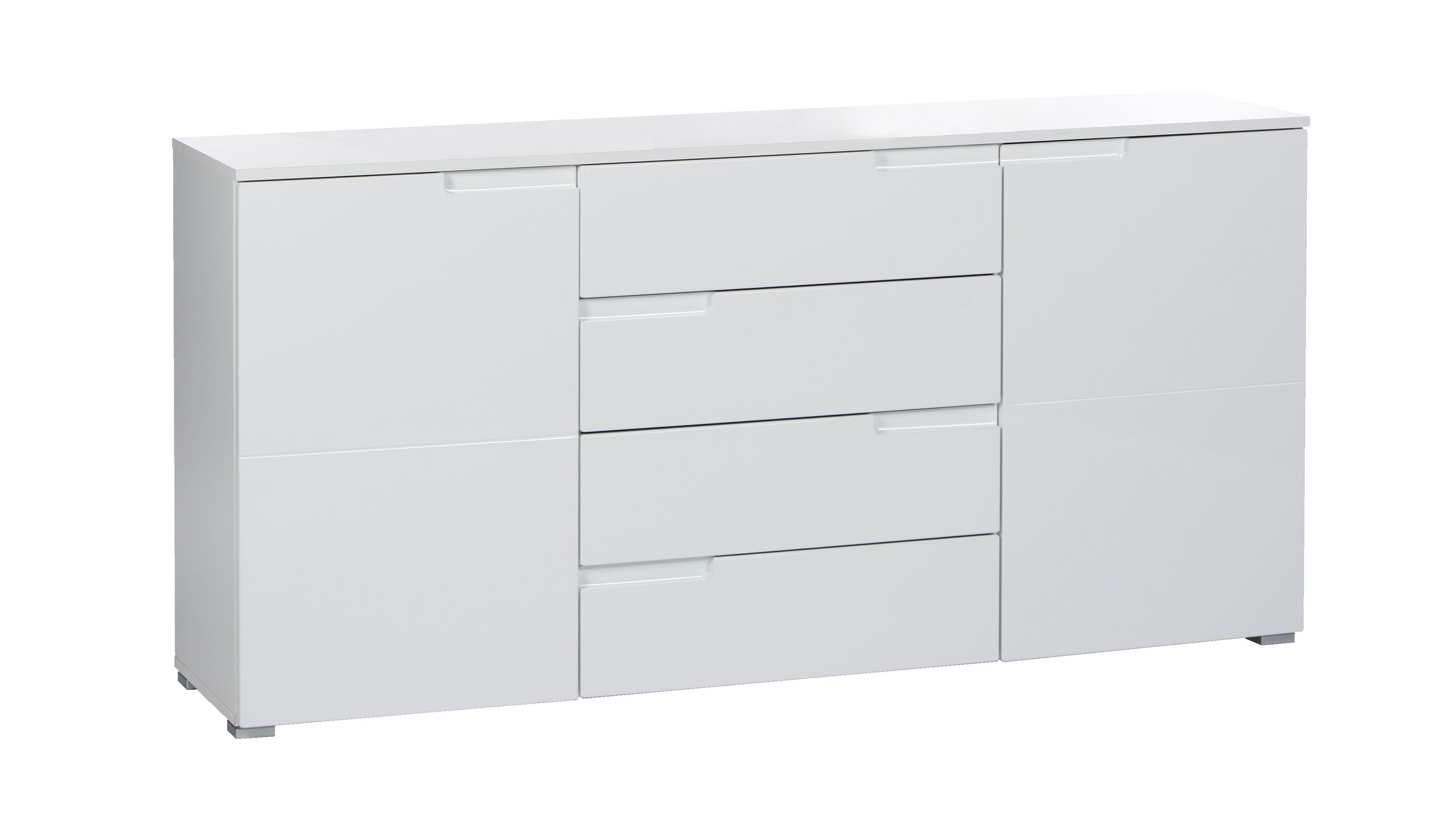 Weißes Sideboard mit vier Schubladen in der Mitte und zwei Türen links und rechts