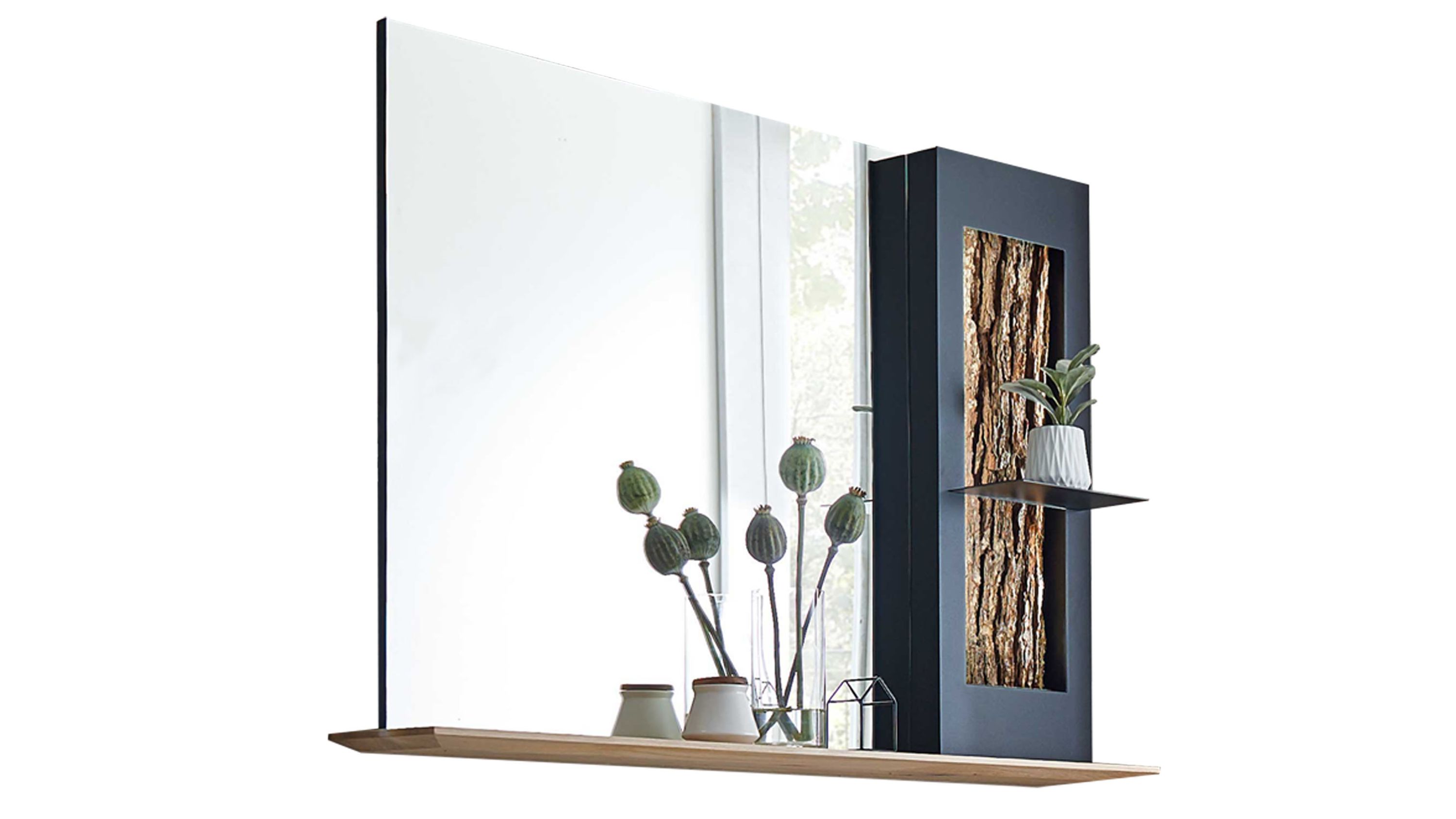 Spiegel mit Regal und Rindenholzdekor in Anthrazit und Holzfarben Rechteckiger Spiegel mit seitlichem Regal in anthrazit und Holzoptik mit Rindenholzdekor und Pflanze