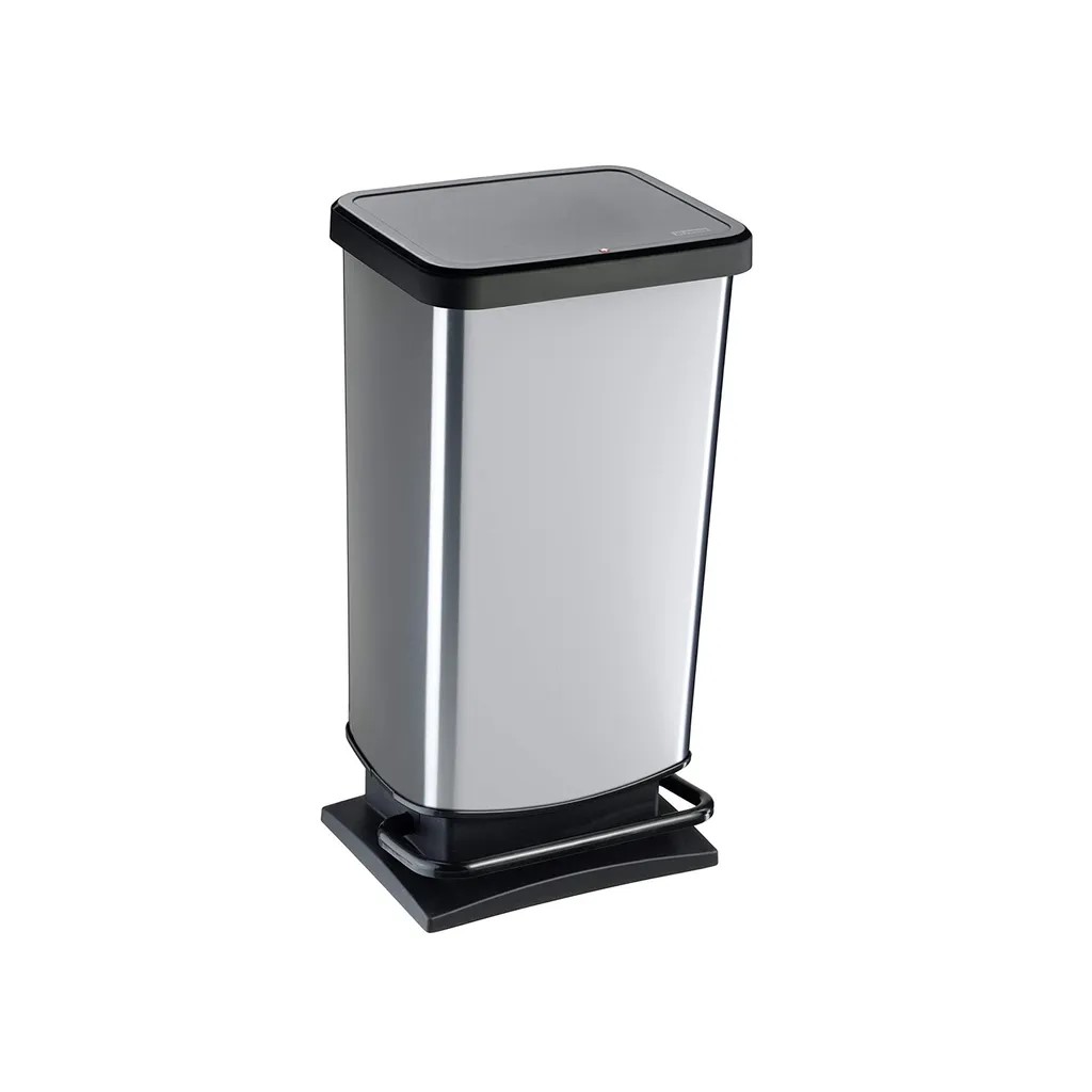 Edelstahl-Mülleimer mit Pedal Rechteckiger Mülleimer aus Edelstahl mit schwarzem Kunststoffdeckel und Pedalmechanismus zum freihändigen Öffnen