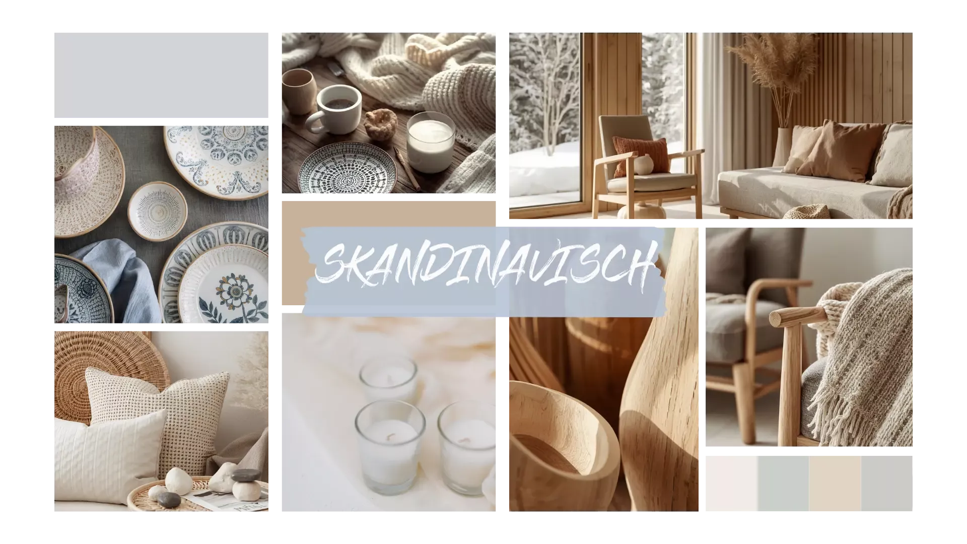 Collage im skandinavischen Stil mit hellen Holzmöbeln, weichen Textilien, Kerzen, minimalistischem Geschirr und neutraler Farbpalette in Weiß, Beige und Grau