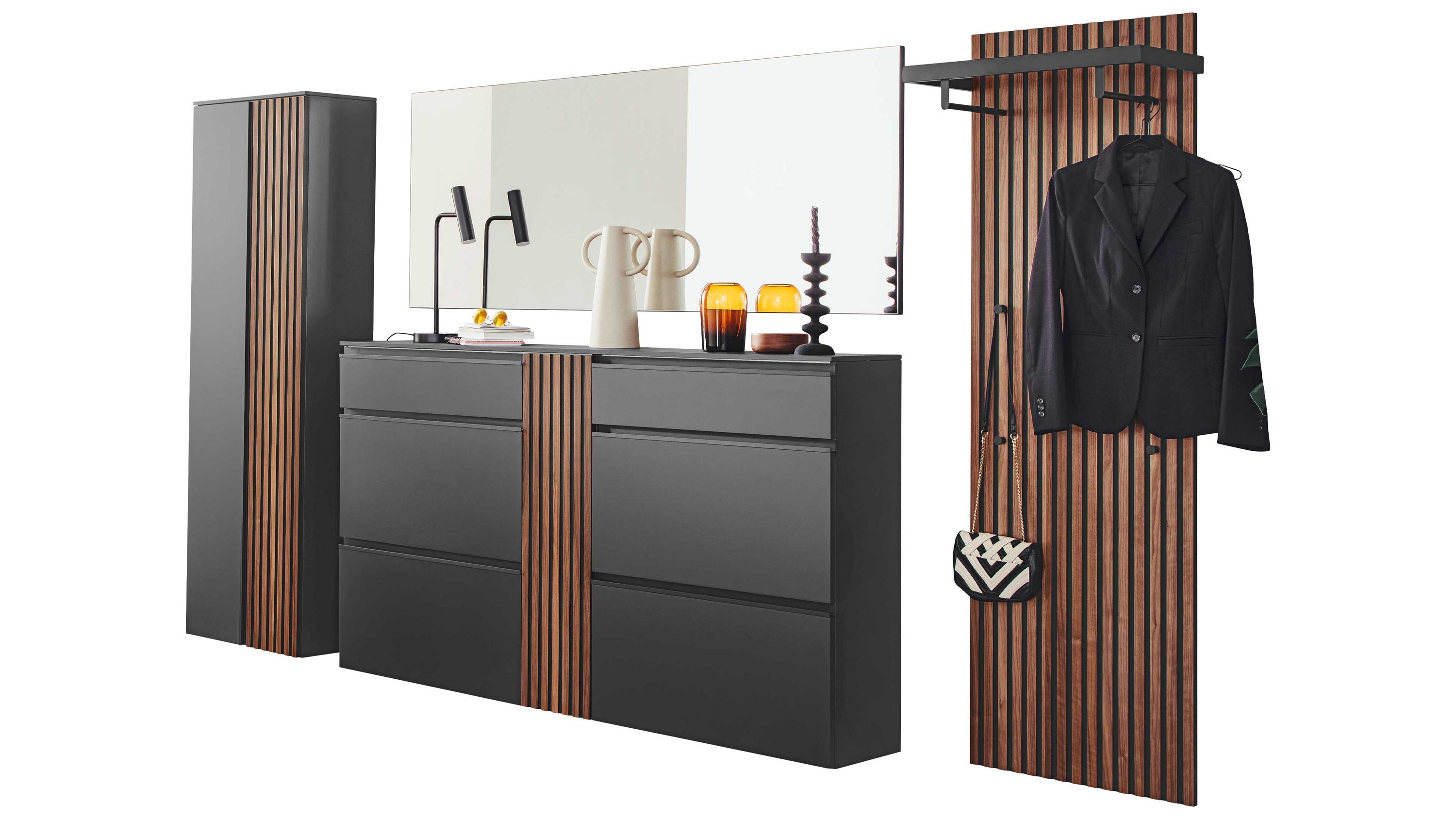 Fünfteiliges Garderoben-Set mit anthrazitfarbenen Fronten und Holzleisten Garderoben-Set mit anthrazitfarbenen Fronten und Holzleisten: Schrank, Kommode, Wandpaneel mit Haken und Spiegel