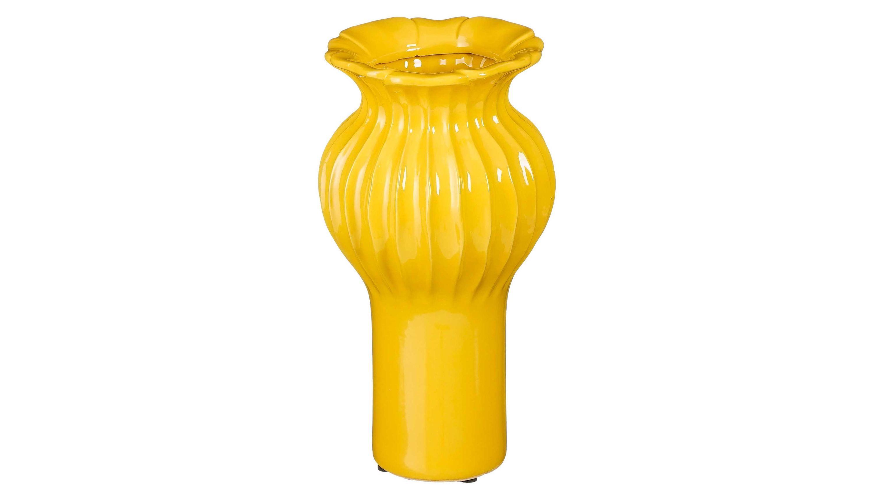 Gelbe Vase mit geriffeltem bauchigem Oberteil Gelbe Vase mit geriffeltem bauchigem oberen Teil und glattem zylindrischem unteren Teil