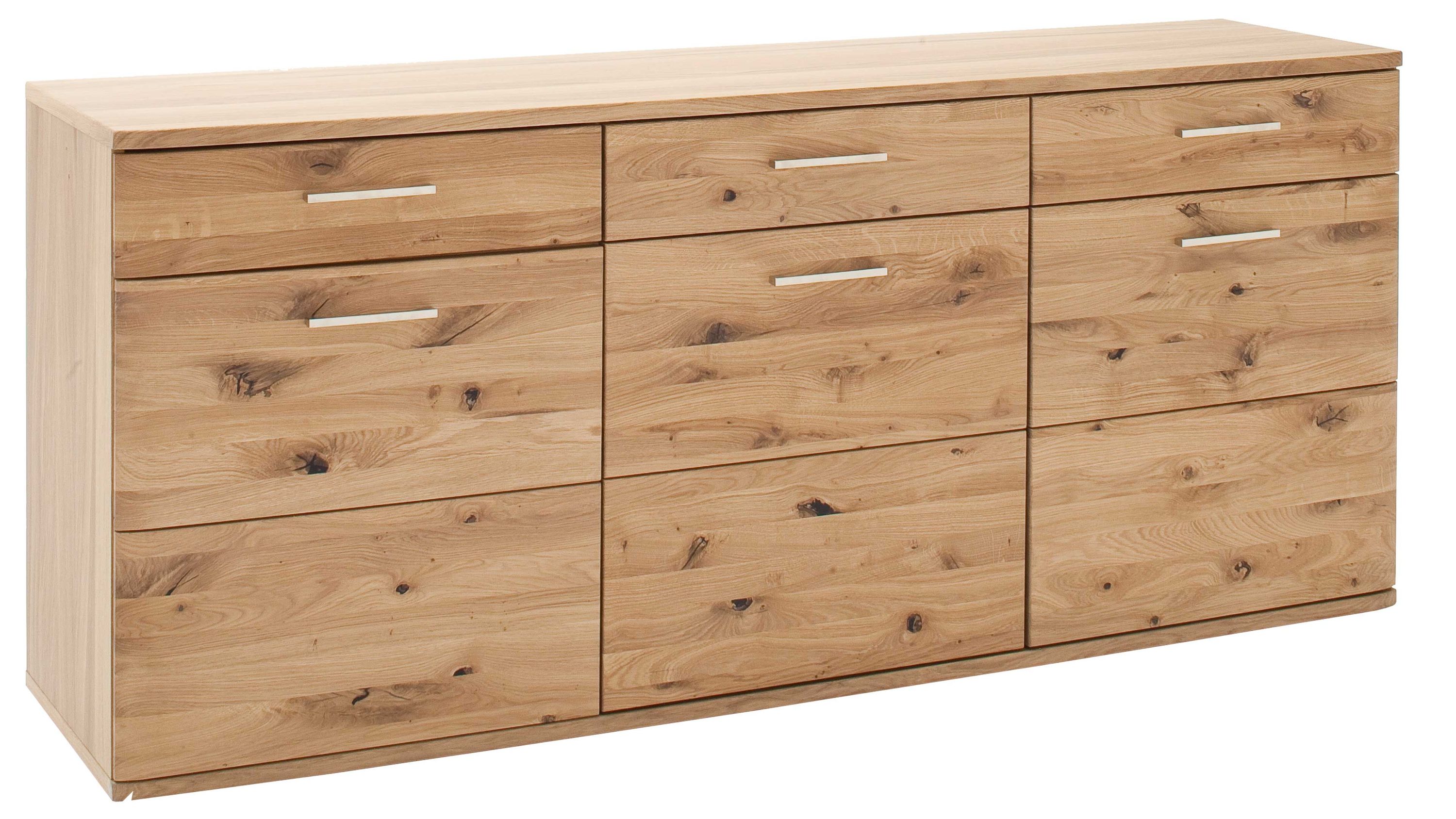 Sideboard mit drei Türen und zwei Schubladen in hellbrauner Holzoptik mit Metallgriffen